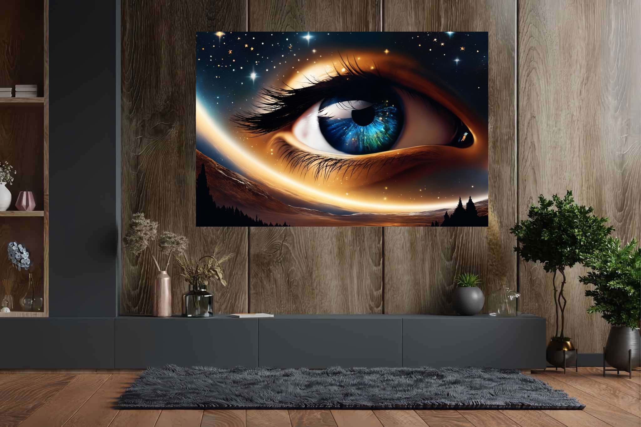 Celestial gaze unveiled: Eye art with symbolic, in a room with modern style, gallery-quality artwork, and luxe decor. The art can be printed on poster, framed poster, canvas, metal, acrylic or wood, exclusively at WallArtZen. Find this exact print at https://wallartzen.com/waz194