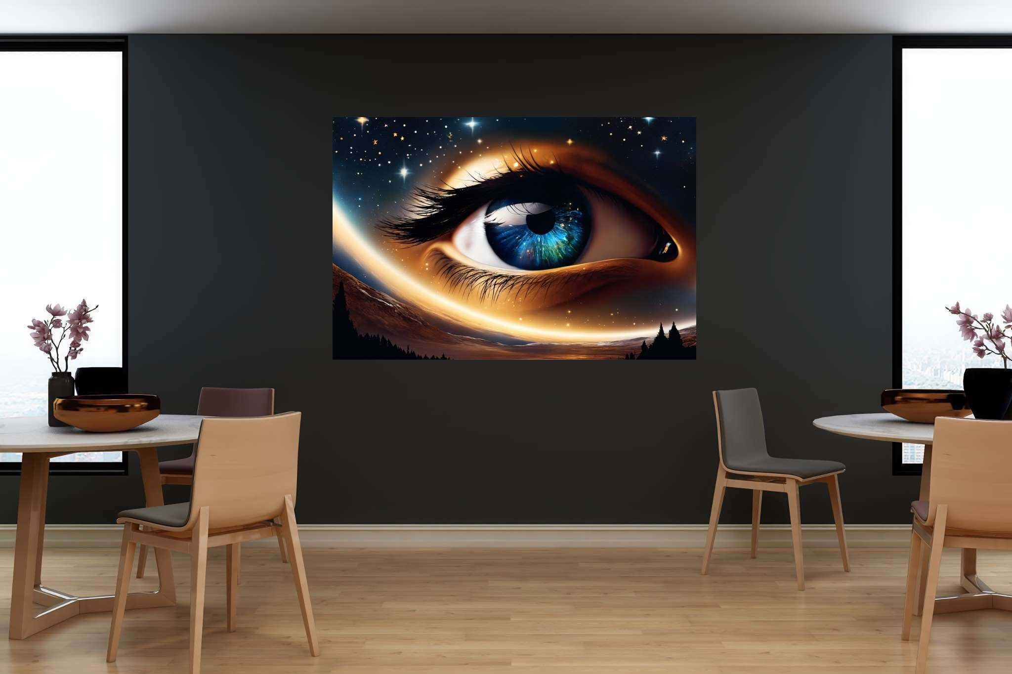 Celestial gaze unveiled: Eye art with surrealism, in a room with artistic style, digital art pieces, and artisan decor. The art can be printed on poster, framed poster, canvas, metal, acrylic or wood, exclusively at WallArtZen. Find this exact print at https://wallartzen.com/waz194