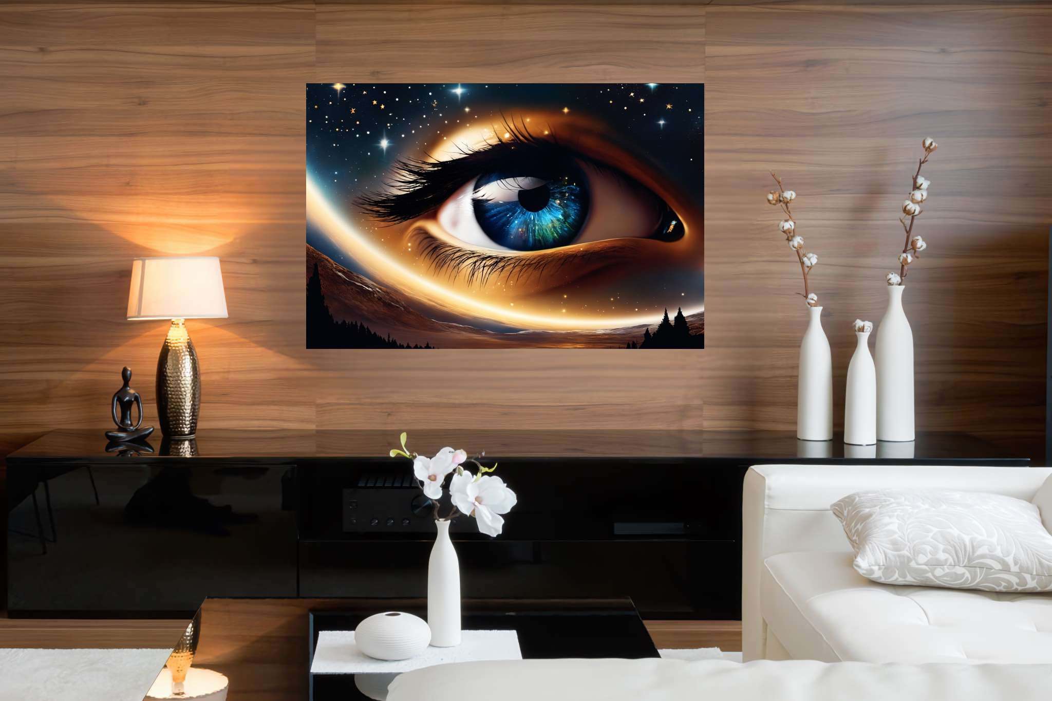 Celestial gaze unveiled: Eye art with expressive, in a room with elegant layout, mural artworks, and decorative pieces. The art can be printed on poster, framed poster, canvas, metal, acrylic or wood, exclusively at WallArtZen. Find this exact print at https://wallartzen.com/waz194