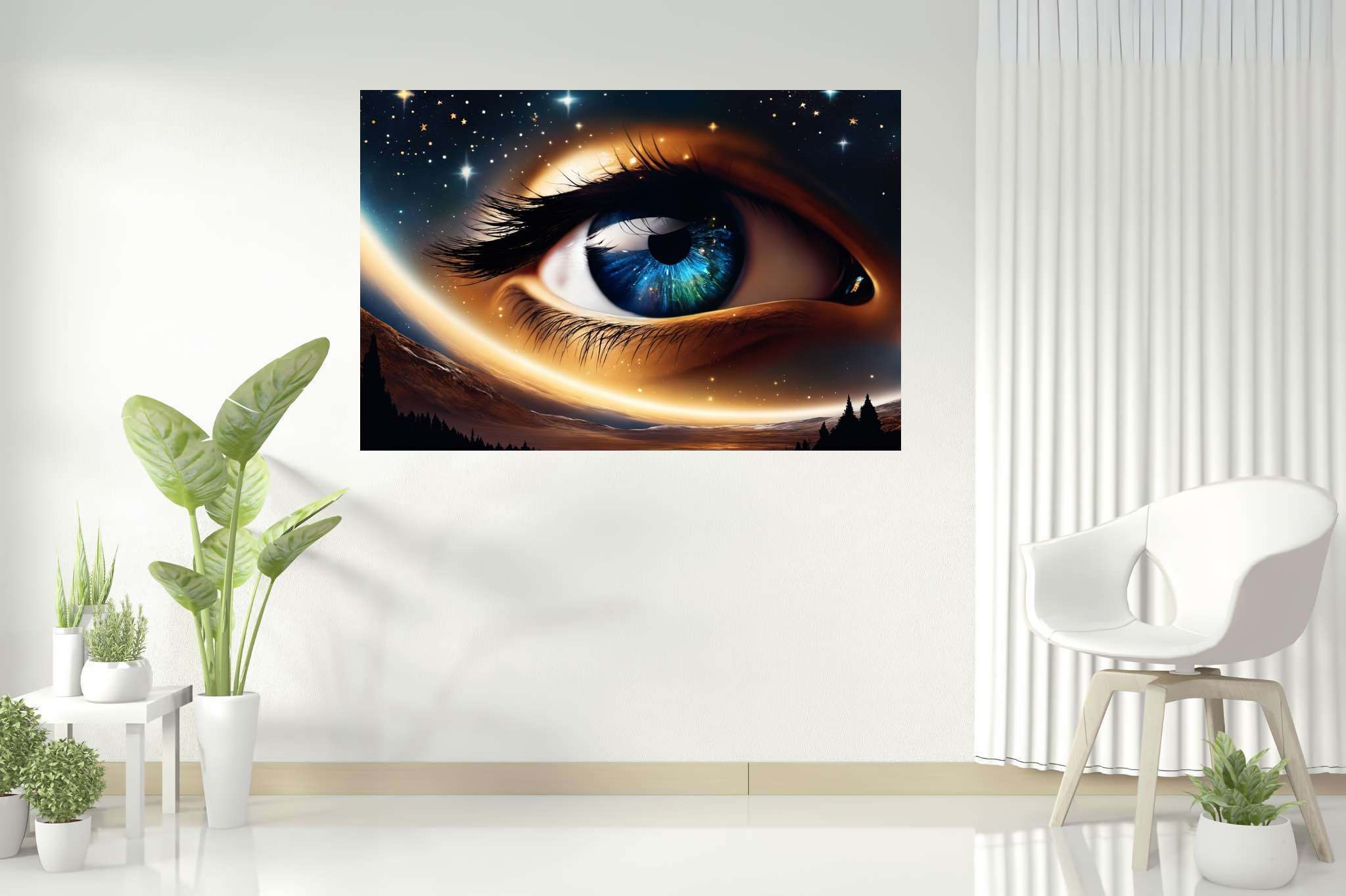 Celestial gaze unveiled: Eye art with imagery, in a room with modern style, fine art prints, and home styling items. The art can be printed on poster, framed poster, canvas, metal, acrylic or wood, exclusively at WallArtZen. Find this exact print at https://wallartzen.com/waz194