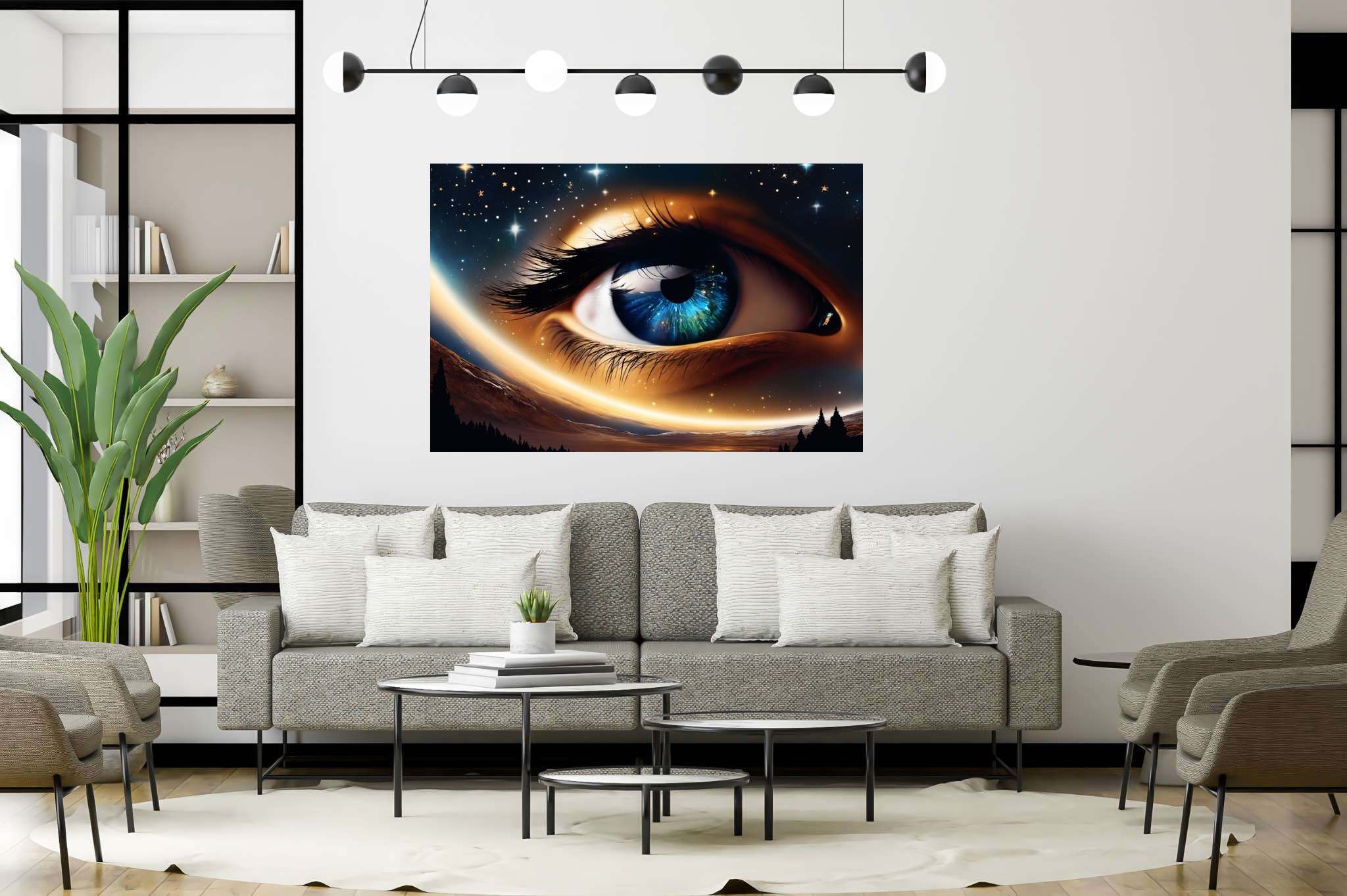 Celestial gaze unveiled: Eye art with imagery, in a room with innovative layout, gallery-quality artwork, and designer furniture. The art can be printed on poster, framed poster, canvas, metal, acrylic or wood, exclusively at WallArtZen. Find this exact print at https://wallartzen.com/waz194