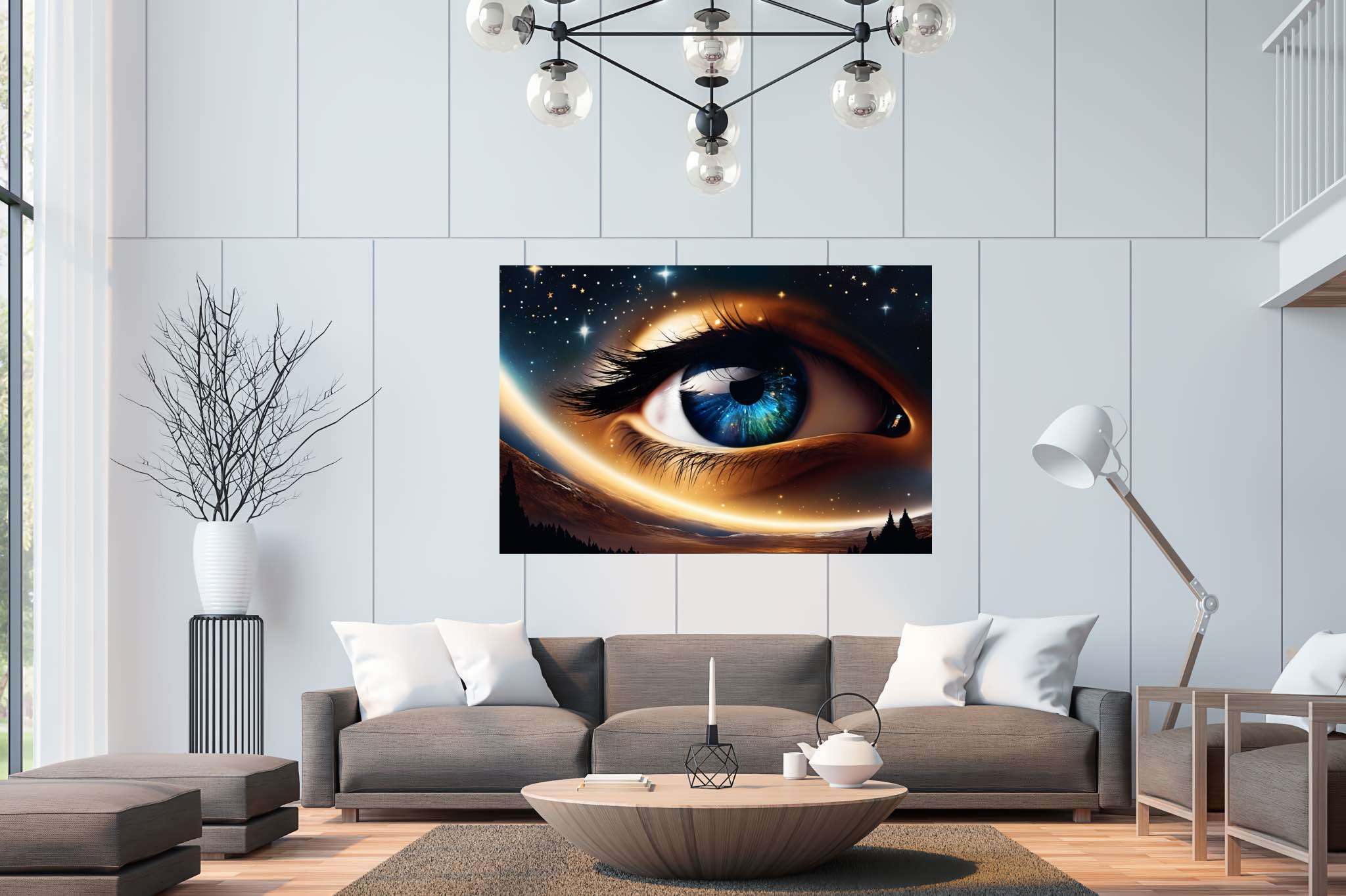 Celestial gaze unveiled: Eye art with expressive, in a room with elegant layout, canvas prints, and decorative pieces. The art can be printed on poster, framed poster, canvas, metal, acrylic or wood, exclusively at WallArtZen. Find this exact print at https://wallartzen.com/waz194