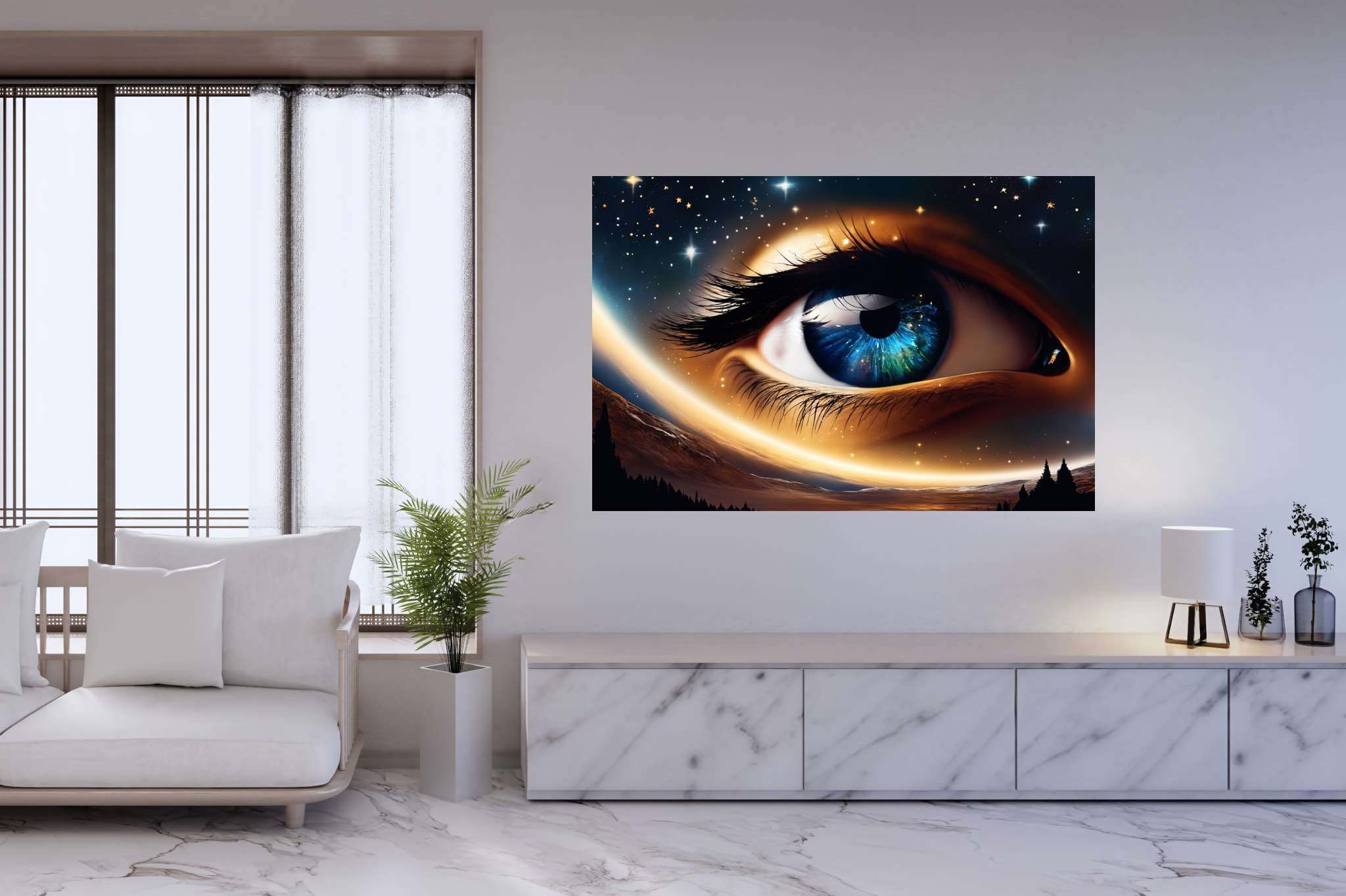 Celestial gaze unveiled: Eye art with vision, in a room with minimalist approach, canvas prints, and interior decorations. The art can be printed on poster, framed poster, canvas, metal, acrylic or wood, exclusively at WallArtZen. Find this exact print at https://wallartzen.com/waz194