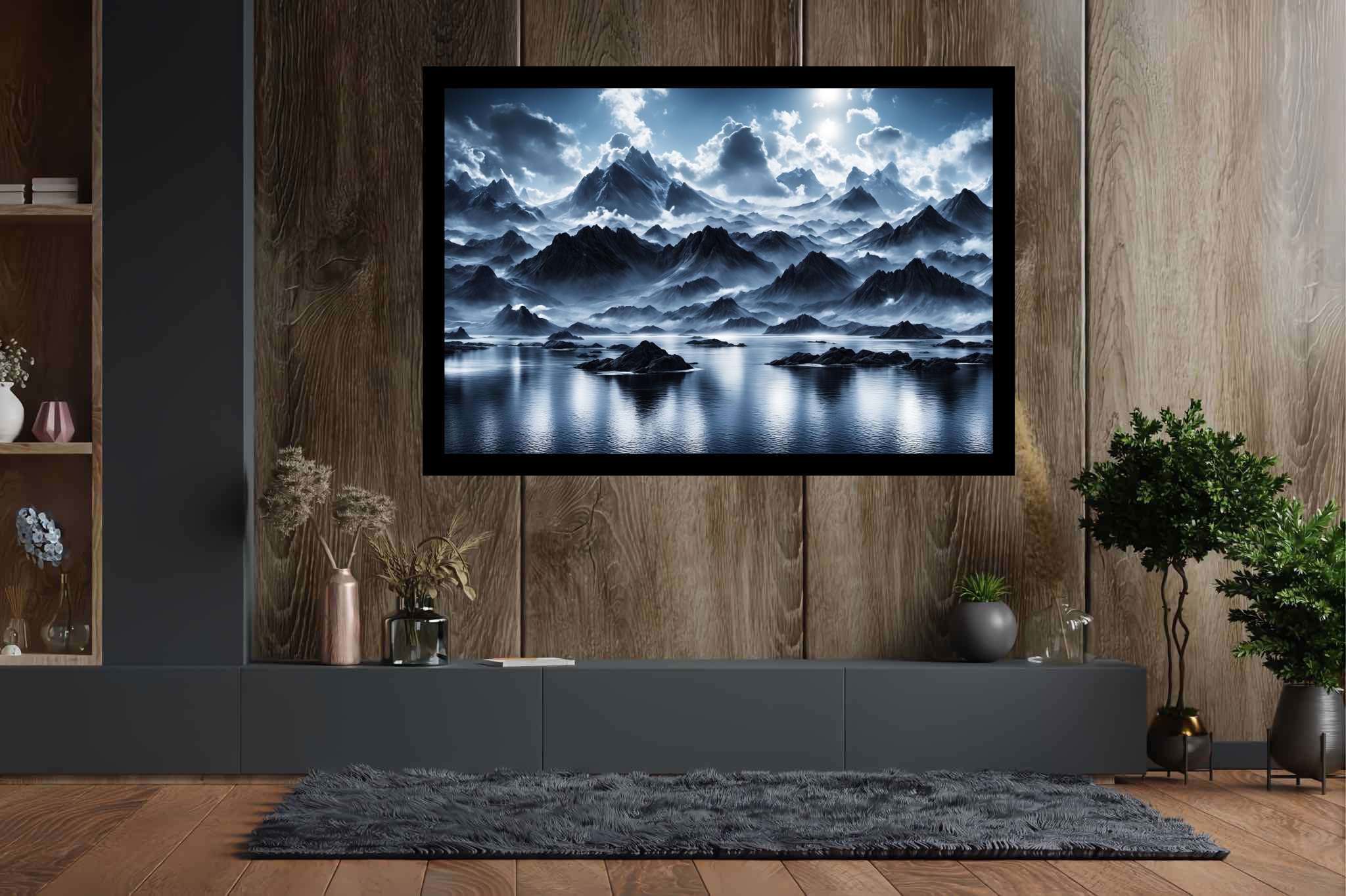 Silent majesty of frosted peaks: Frozen landscape art with winter wonderland art, in a room with great design, mural artworks, and decorative pieces. The art can be printed on poster, framed poster, canvas, metal, acrylic or wood, exclusively at WallArtZen. Find this exact print at https://wallartzen.com/waz195