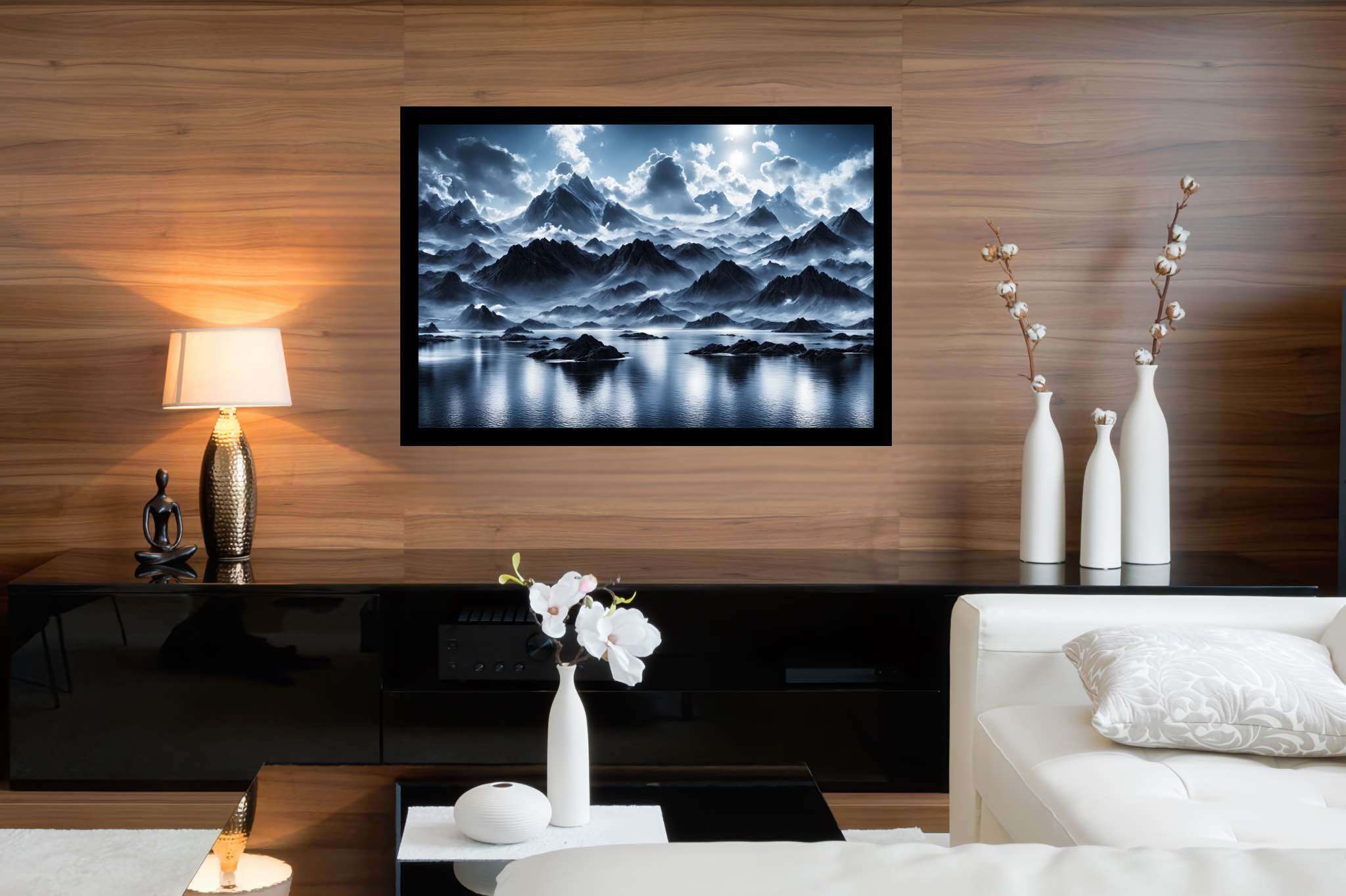 Silent majesty of frosted peaks: Frozen landscape art with winter wonderland art, in a room with great design, abstract paintings, and home styling items. The art can be printed on poster, framed poster, canvas, metal, acrylic or wood, exclusively at WallArtZen. Find this exact print at https://wallartzen.com/waz195