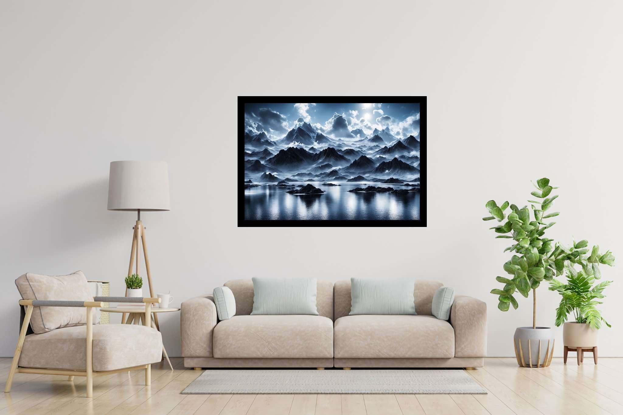 Silent majesty of frosted peaks: Frozen landscape art with icy wilderness art, in a room with elegant layout, fine art prints, and home styling items. The art can be printed on poster, framed poster, canvas, metal, acrylic or wood, exclusively at WallArtZen. Find this exact print at https://wallartzen.com/waz195