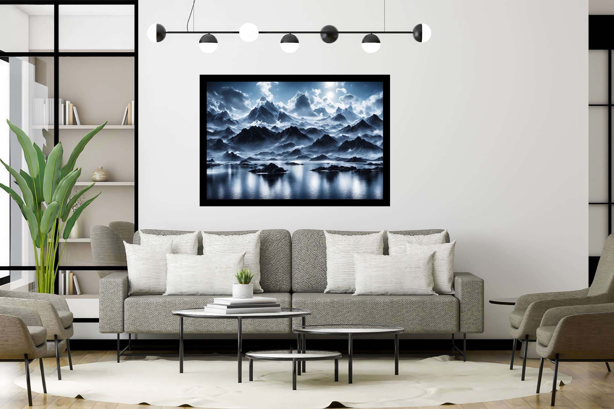 Silent majesty of frosted peaks: Frozen landscape art with frost-covered mountain art, in a room with modern style, mural artworks, and home styling items. The art can be printed on poster, framed poster, canvas, metal, acrylic or wood, exclusively at WallArtZen. Find this exact print at https://wallartzen.com/waz195