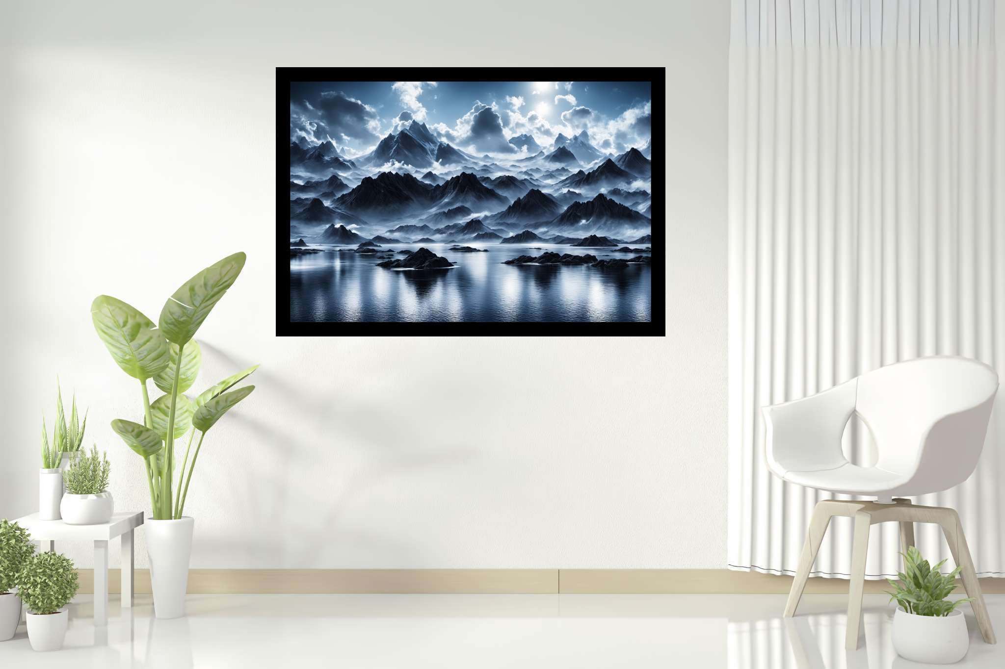 Silent majesty of frosted peaks: Frozen landscape art with winter landscape masterpiece, in a room with innovative layout, gallery-quality artwork, and elegant home goods. The art can be printed on poster, framed poster, canvas, metal, acrylic or wood, exclusively at WallArtZen. Find this exact print at https://wallartzen.com/waz195