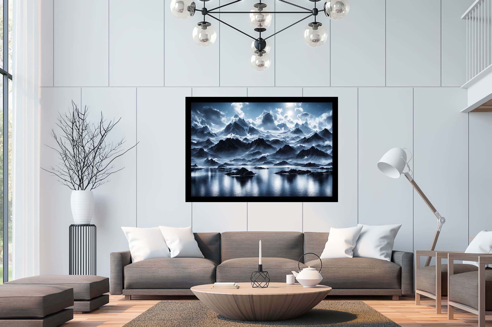 Silent majesty of frosted peaks: Frozen landscape art with snow-covered landscape, in a room with chic decor, abstract paintings, and decorative pieces. The art can be printed on poster, framed poster, canvas, metal, acrylic or wood, exclusively at WallArtZen. Find this exact print at https://wallartzen.com/waz195