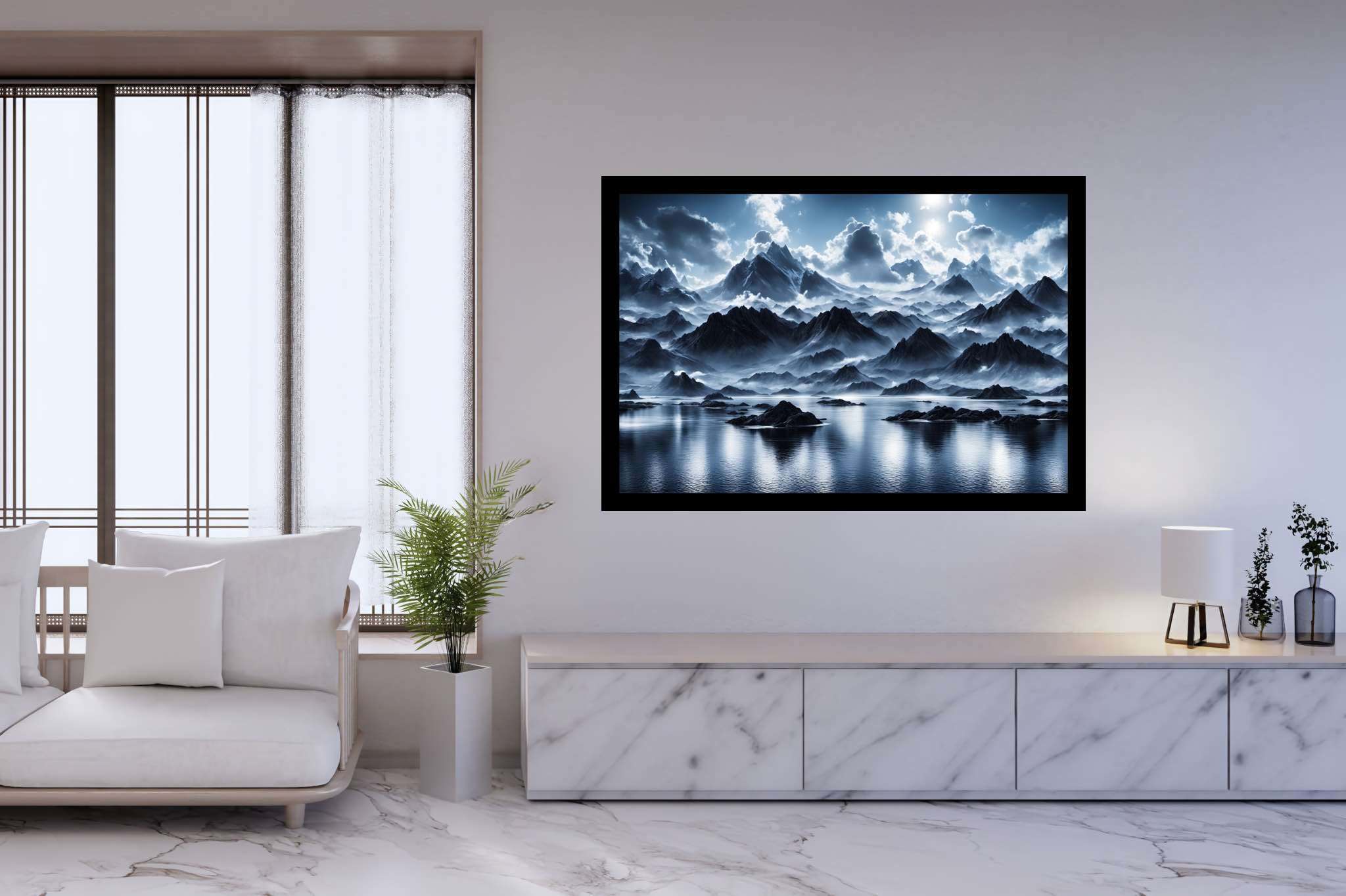 Silent majesty of frosted peaks: Frozen landscape art with frost-covered mountain art, in a room with chic decor, fine art prints, and interior decorations. The art can be printed on poster, framed poster, canvas, metal, acrylic or wood, exclusively at WallArtZen. Find this exact print at https://wallartzen.com/waz195