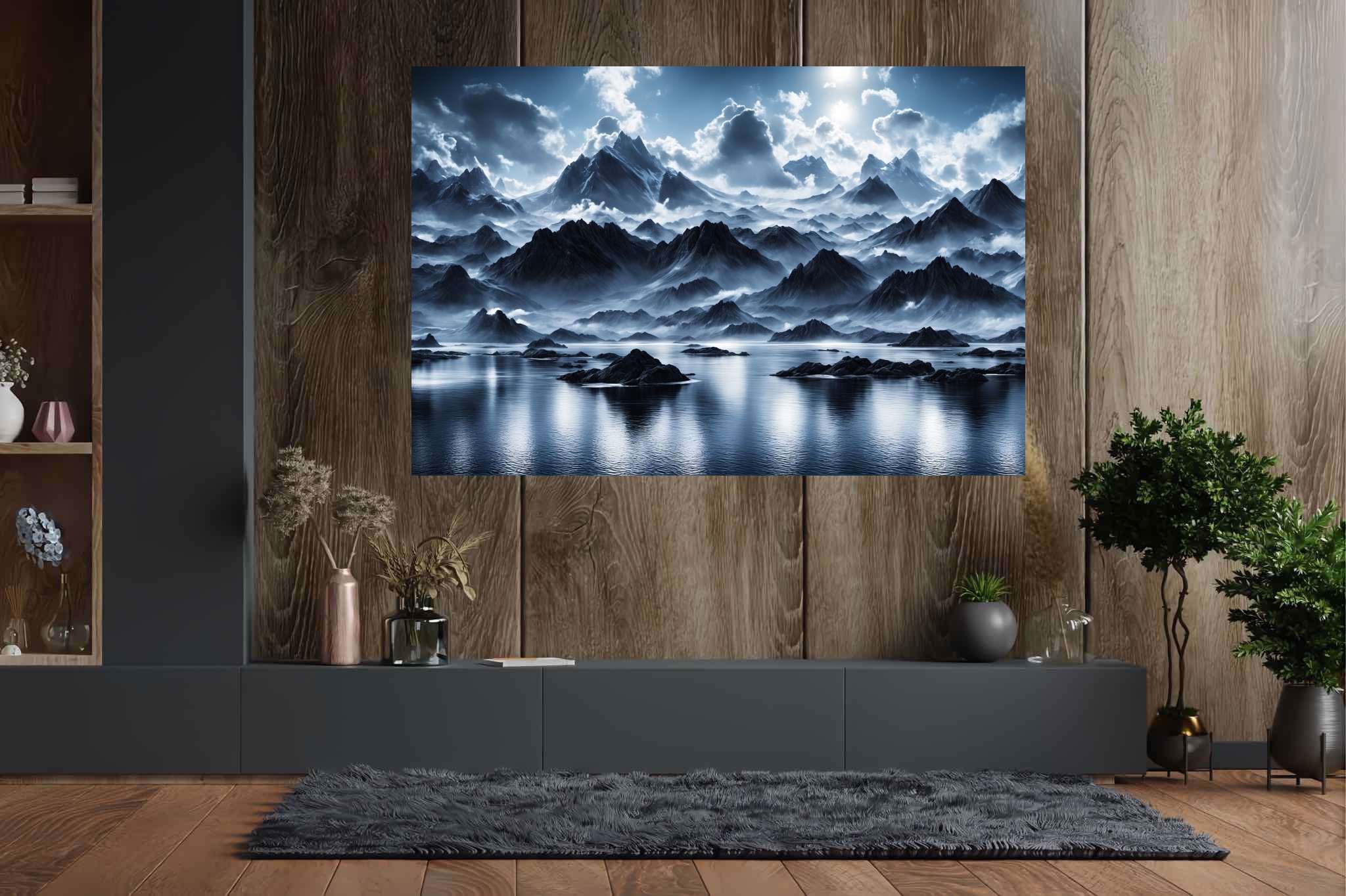 Silent majesty of frosted peaks: Frozen landscape art with winter wonderland art, in a room with artistic style, fine art prints, and trendy home accents. The art can be printed on poster, framed poster, canvas, metal, acrylic or wood, exclusively at WallArtZen. Find this exact print at https://wallartzen.com/waz195