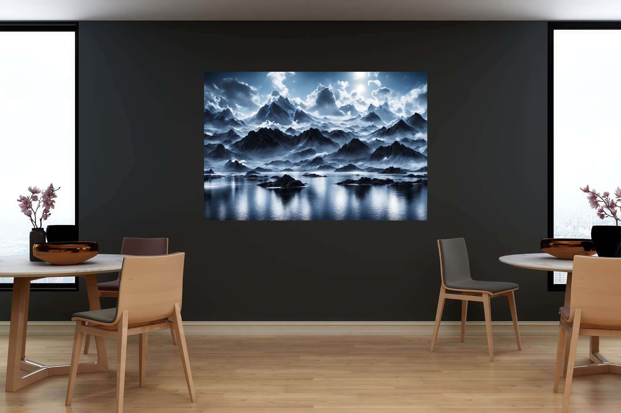 Silent majesty of frosted peaks: Frozen landscape art with snowy landscape depiction, in a room with contemporary flair, bespoke art designs, and elegant home goods. The art can be printed on poster, framed poster, canvas, metal, acrylic or wood, exclusively at WallArtZen. Find this exact print at https://wallartzen.com/waz195