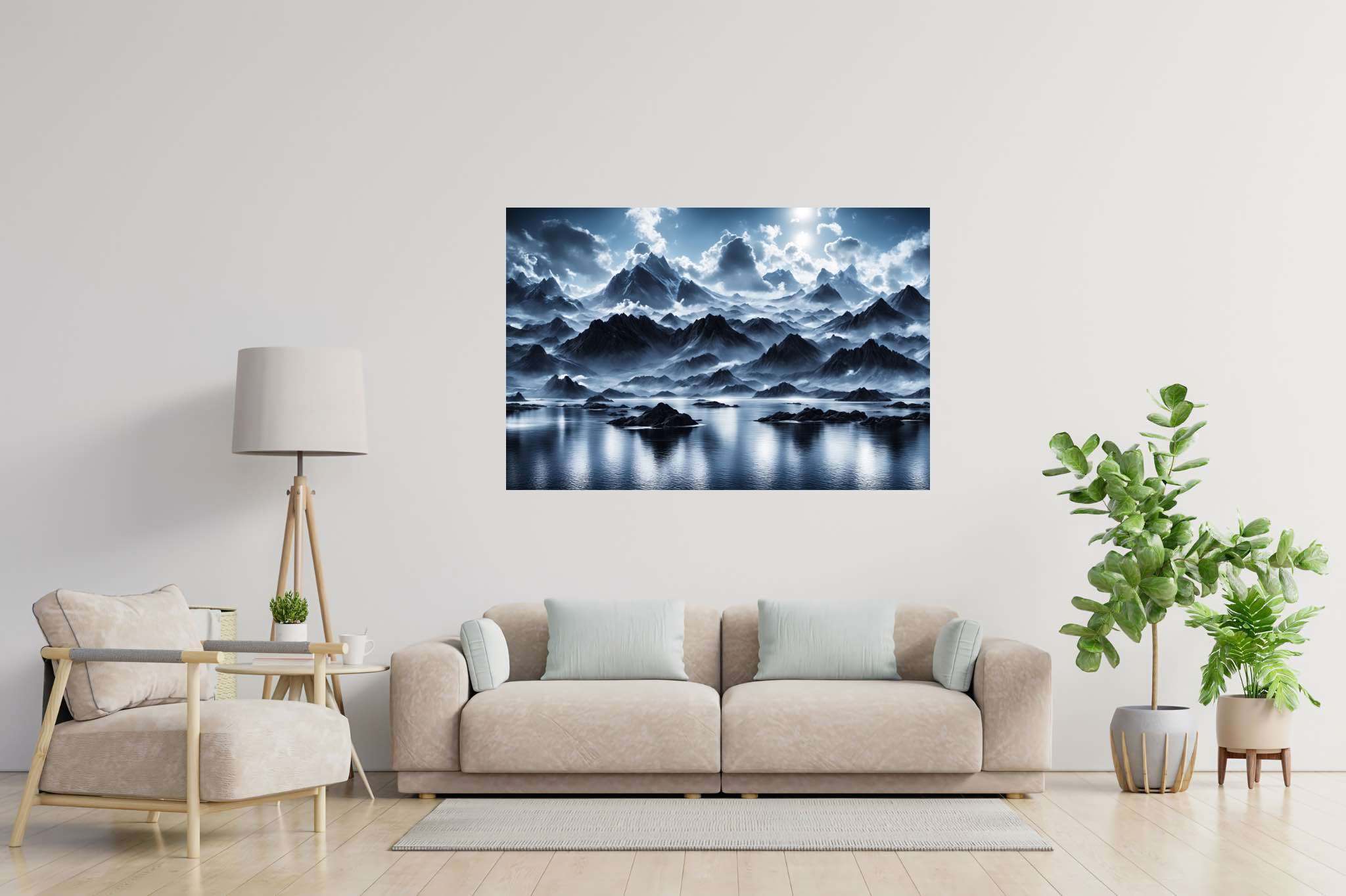 Silent majesty of frosted peaks: Frozen landscape art with frosty landscape painting, in a room with chic decor, abstract paintings, and decorative pieces. The art can be printed on poster, framed poster, canvas, metal, acrylic or wood, exclusively at WallArtZen. Find this exact print at https://wallartzen.com/waz195