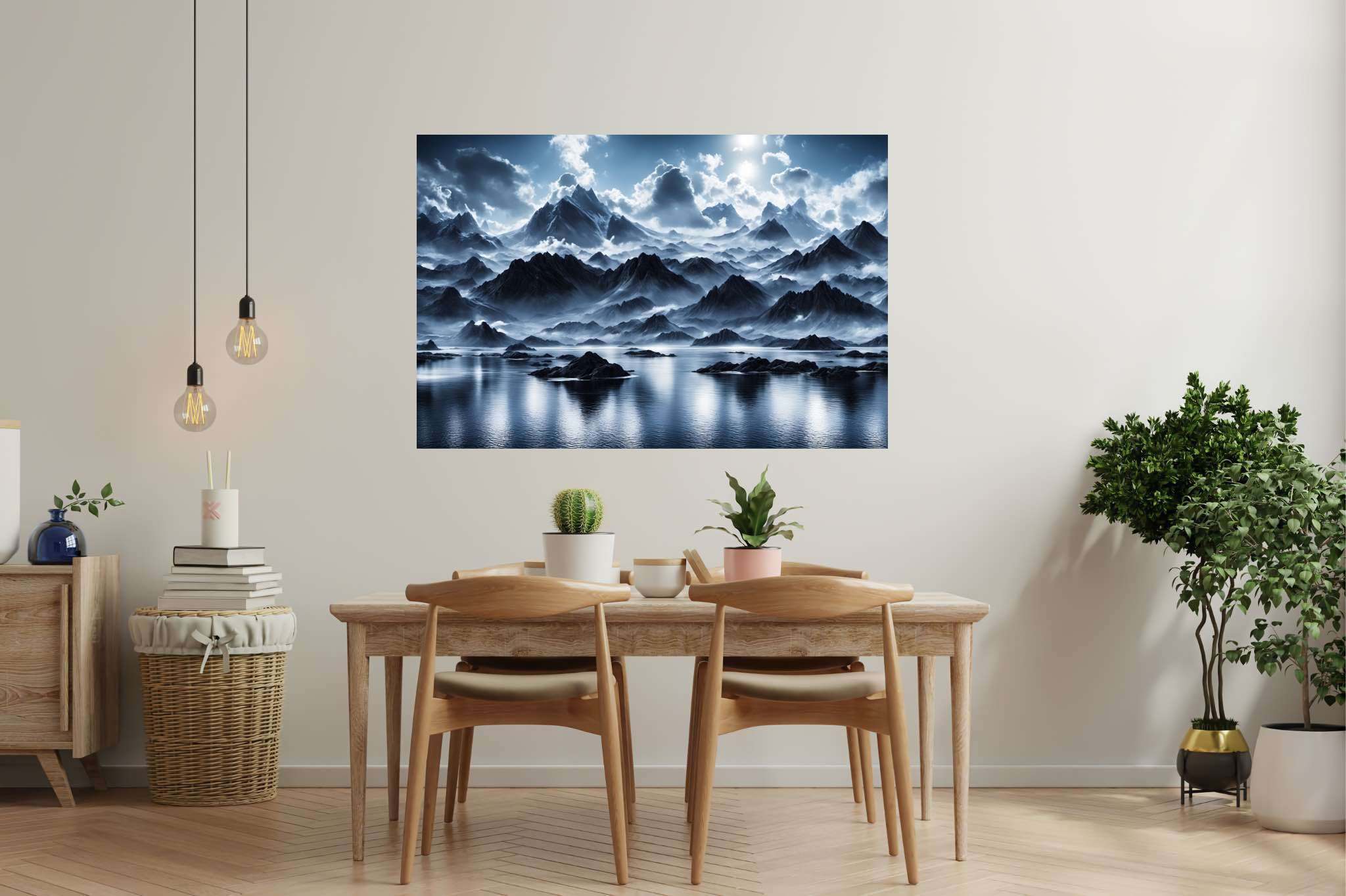 Silent majesty of frosted peaks: Frozen landscape art with icy landscape artwork, in a room with contemporary flair, digital art pieces, and decorative pieces. The art can be printed on poster, framed poster, canvas, metal, acrylic or wood, exclusively at WallArtZen. Find this exact print at https://wallartzen.com/waz195