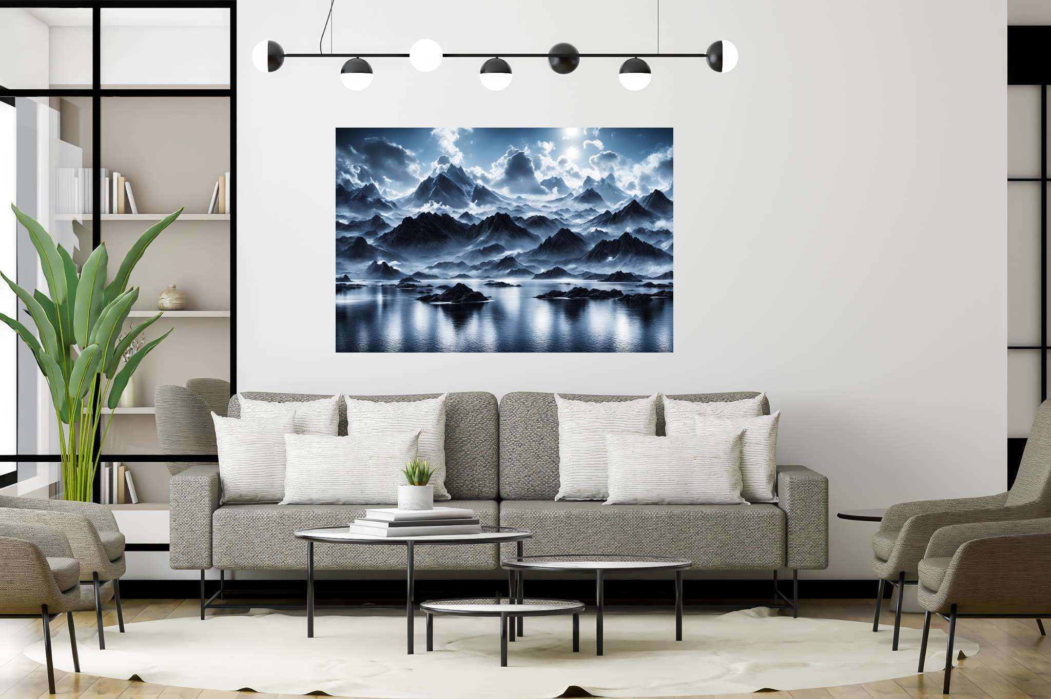 Silent majesty of frosted peaks: Frozen landscape art with icy landscape artwork, in a room with great design, photographic wall art, and decorative pieces. The art can be printed on poster, framed poster, canvas, metal, acrylic or wood, exclusively at WallArtZen. Find this exact print at https://wallartzen.com/waz195