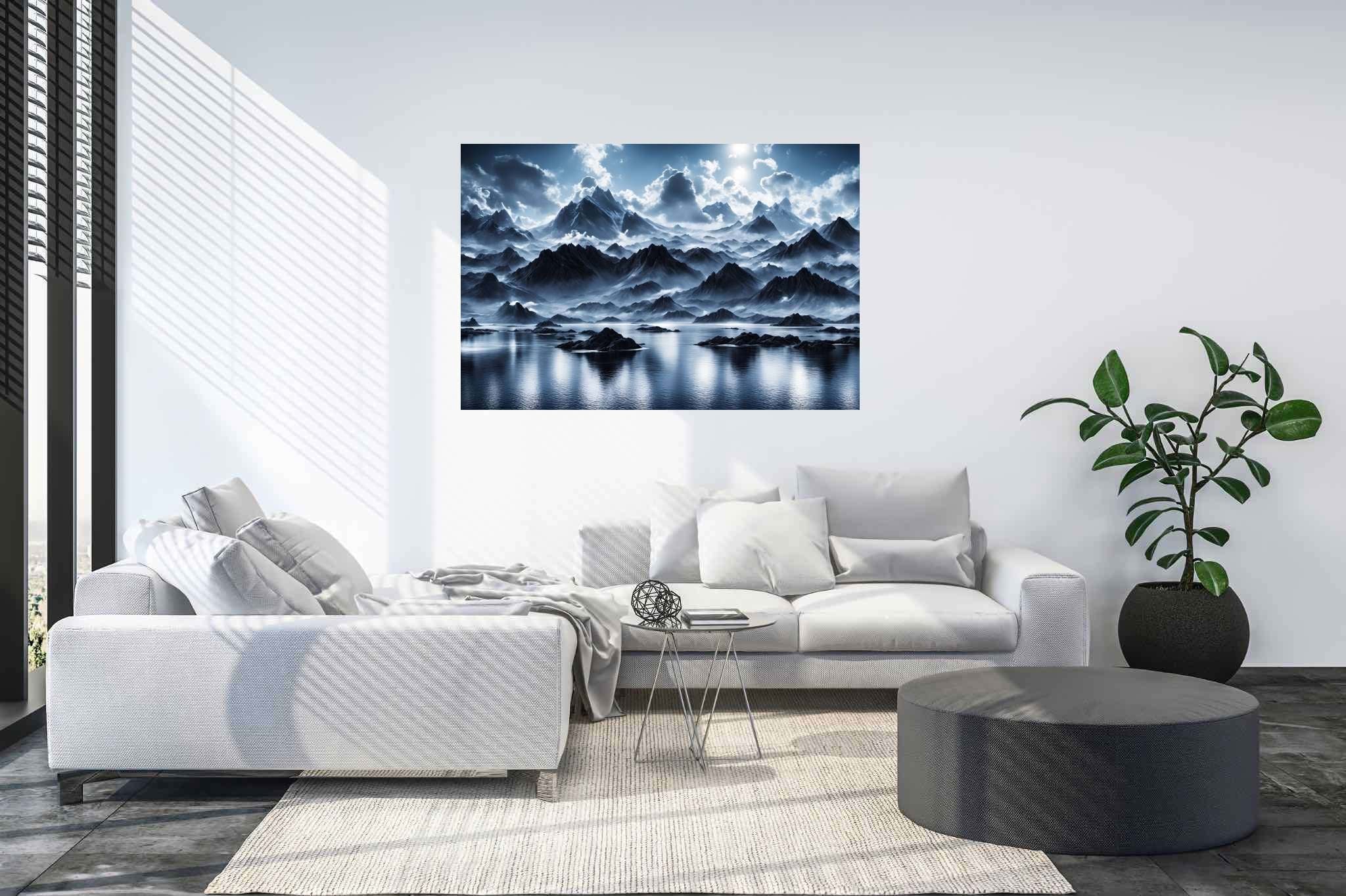 Silent majesty of frosted peaks: Frozen landscape art with frost-covered mountain art, in a room with innovative layout, fine art prints, and home furnishings. The art can be printed on poster, framed poster, canvas, metal, acrylic or wood, exclusively at WallArtZen. Find this exact print at https://wallartzen.com/waz195