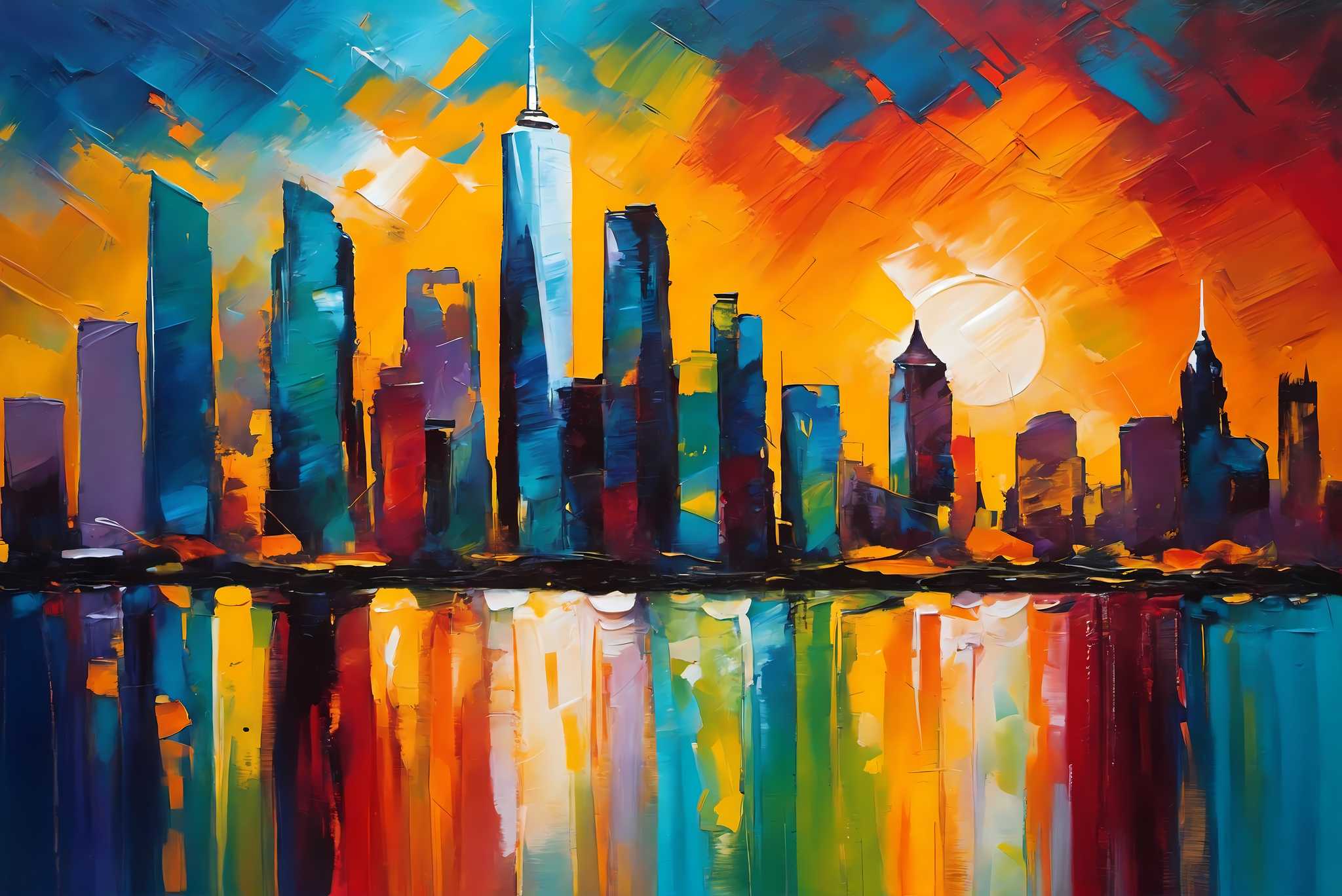 Twilight serenade in chrome: Sunset cityscape art with atmospheric urban art, in a room with elegant layout, bespoke art designs, and designer furniture. The art can be printed on poster, framed poster, canvas, metal, acrylic or wood, exclusively at WallArtZen. Find this exact print at https://wallartzen.com/waz196
