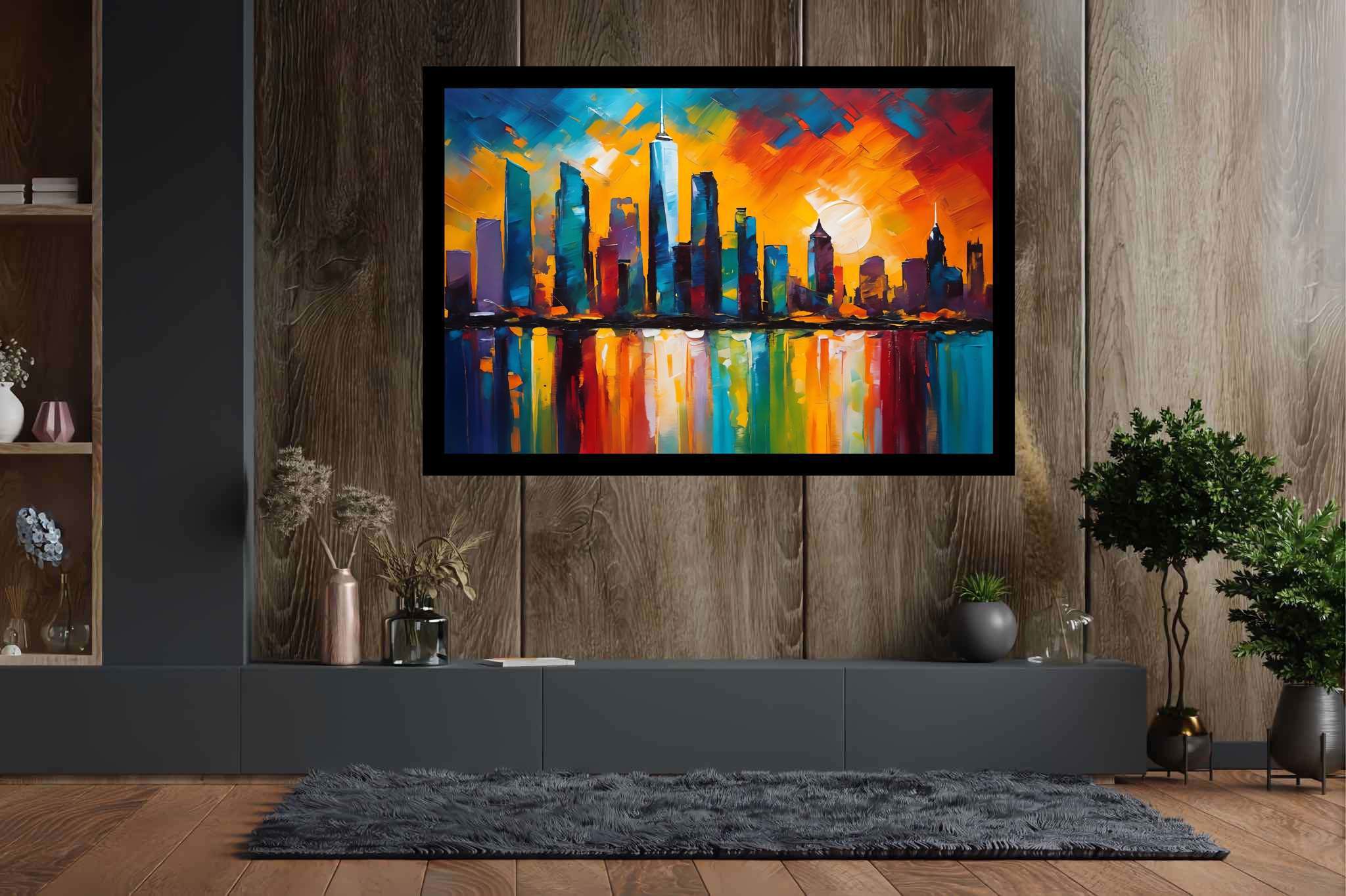Twilight serenade in chrome: Sunset cityscape art with modern city art, in a room with artistic style, photographic wall art, and interior decorations. The art can be printed on poster, framed poster, canvas, metal, acrylic or wood, exclusively at WallArtZen. Find this exact print at https://wallartzen.com/waz196