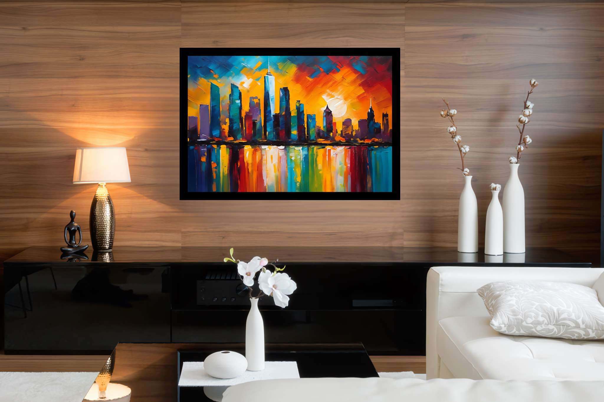 Twilight serenade in chrome: Sunset cityscape art with city dusk scenes, in a room with modern style, fine art prints, and stylish accessories. The art can be printed on poster, framed poster, canvas, metal, acrylic or wood, exclusively at WallArtZen. Find this exact print at https://wallartzen.com/waz196