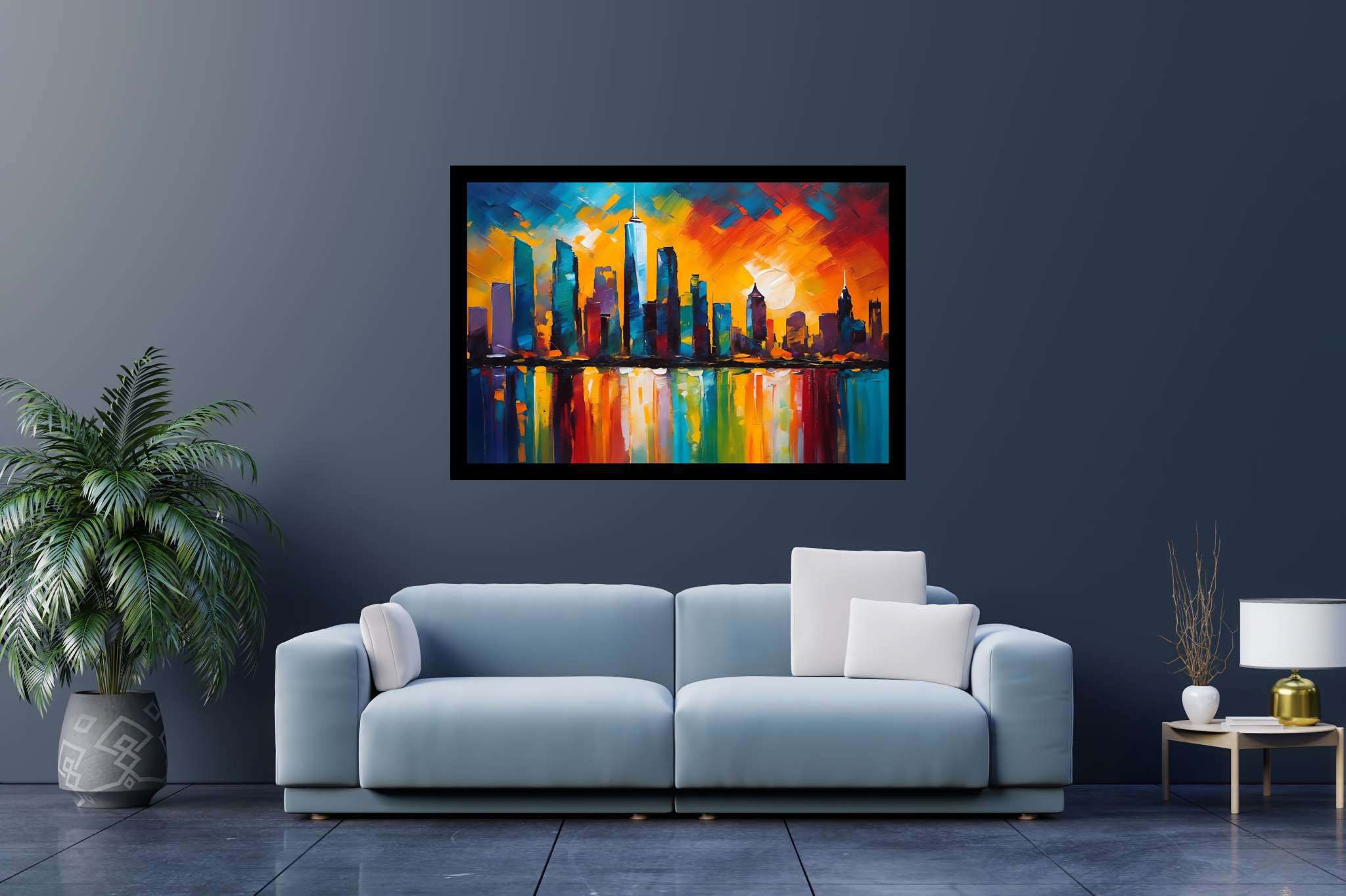Twilight serenade in chrome: Sunset cityscape art with urban scenery, in a room with modern style, photographic wall art, and home styling items. The art can be printed on poster, framed poster, canvas, metal, acrylic or wood, exclusively at WallArtZen. Find this exact print at https://wallartzen.com/waz196