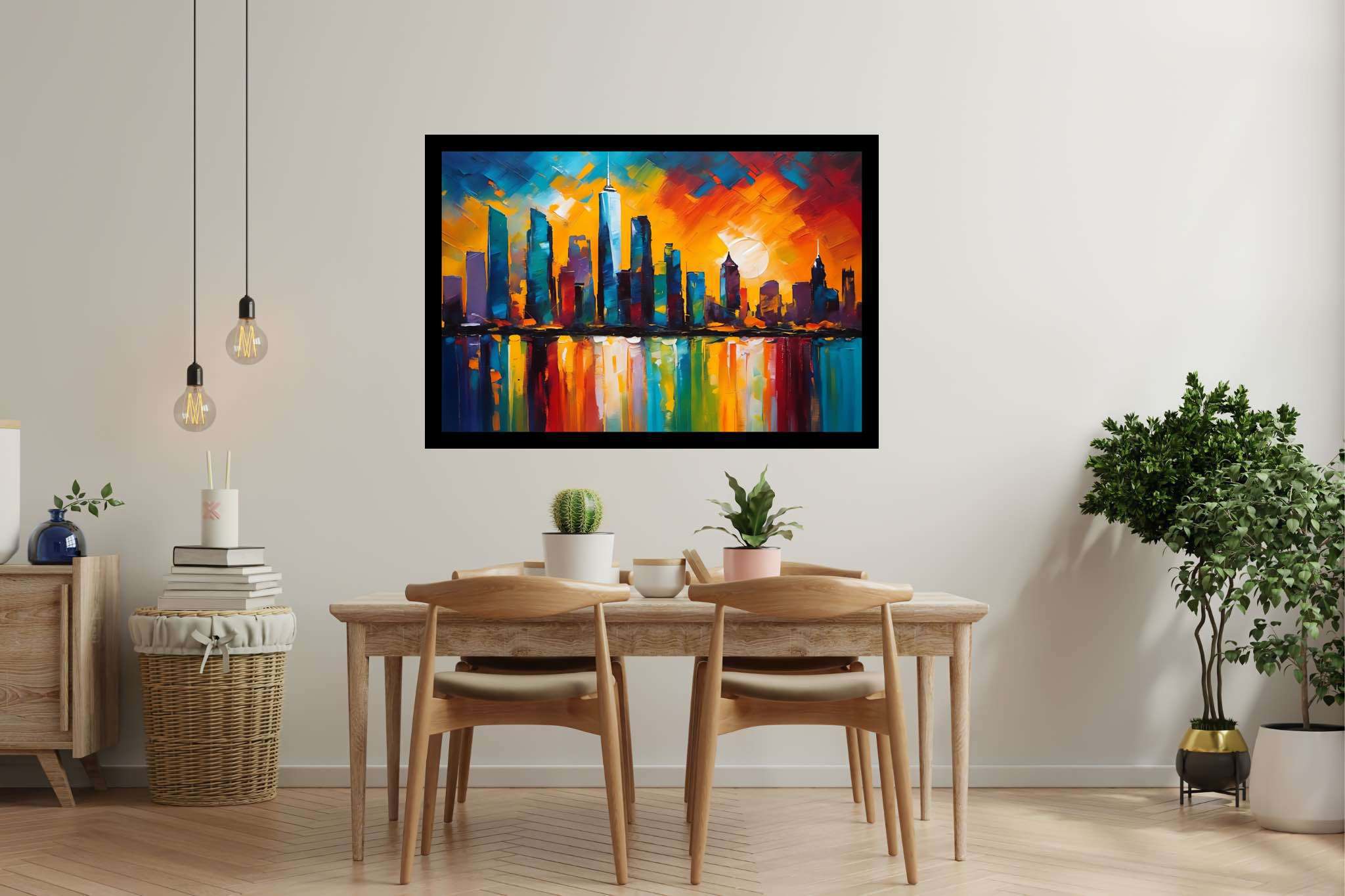 Twilight serenade in chrome: Sunset cityscape art with modern city art, in a room with elegant layout, photographic wall art, and elegant home goods. The art can be printed on poster, framed poster, canvas, metal, acrylic or wood, exclusively at WallArtZen. Find this exact print at https://wallartzen.com/waz196
