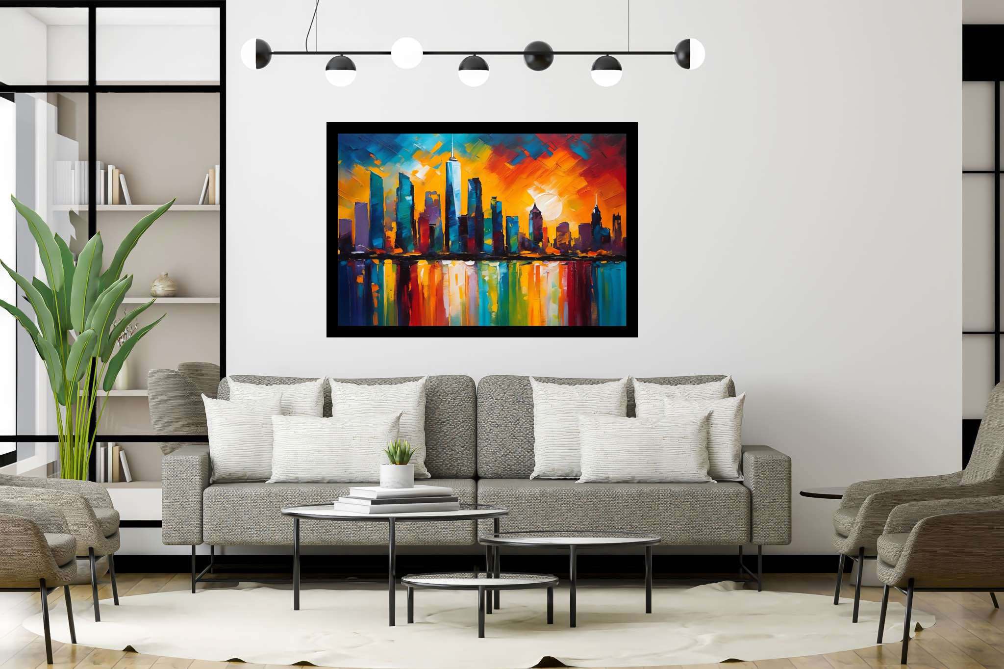 Twilight serenade in chrome: Sunset cityscape art with surreal cityscape paintings, in a room with chic decor, wall hangings, and luxe decor. The art can be printed on poster, framed poster, canvas, metal, acrylic or wood, exclusively at WallArtZen. Find this exact print at https://wallartzen.com/waz196