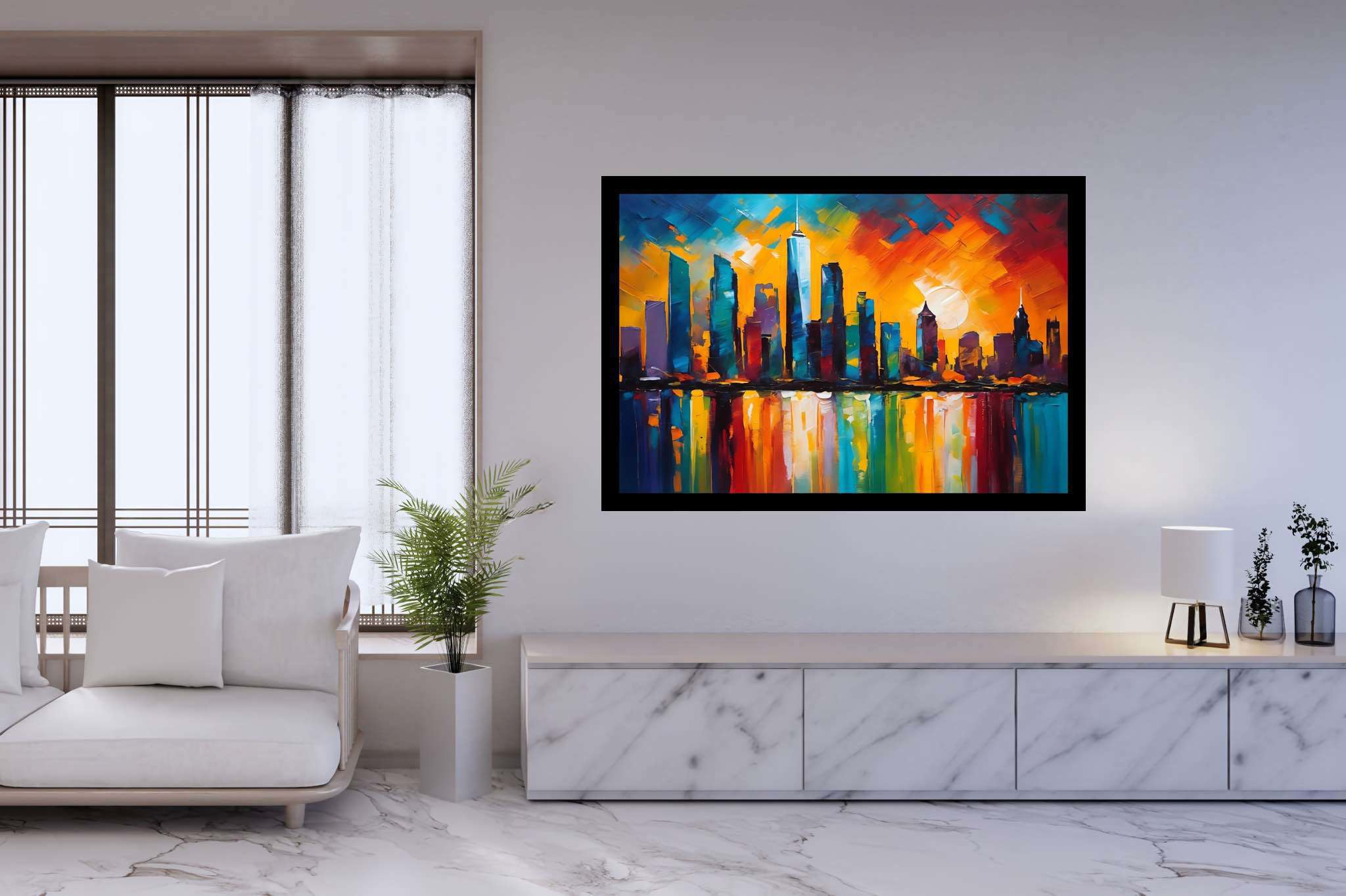 Twilight serenade in chrome: Sunset cityscape art with modern city art, in a room with contemporary flair, framed art, and stylish accessories. The art can be printed on poster, framed poster, canvas, metal, acrylic or wood, exclusively at WallArtZen. Find this exact print at https://wallartzen.com/waz196