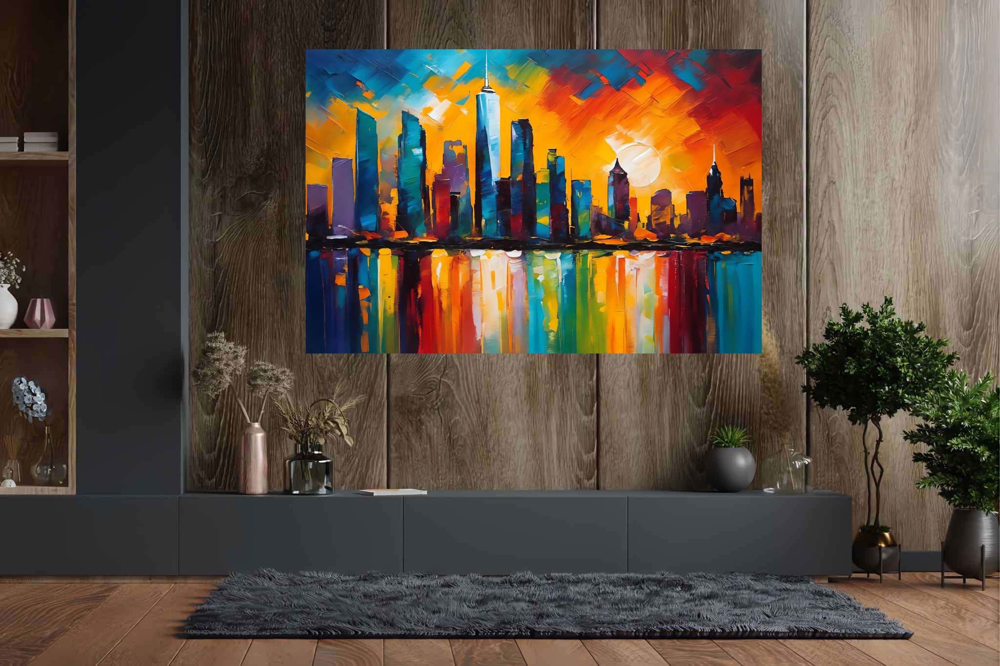 Twilight serenade in chrome: Sunset cityscape art with radiant urban skylines, in a room with modern style, fine art prints, and trendy home accents. The art can be printed on poster, framed poster, canvas, metal, acrylic or wood, exclusively at WallArtZen. Find this exact print at https://wallartzen.com/waz196