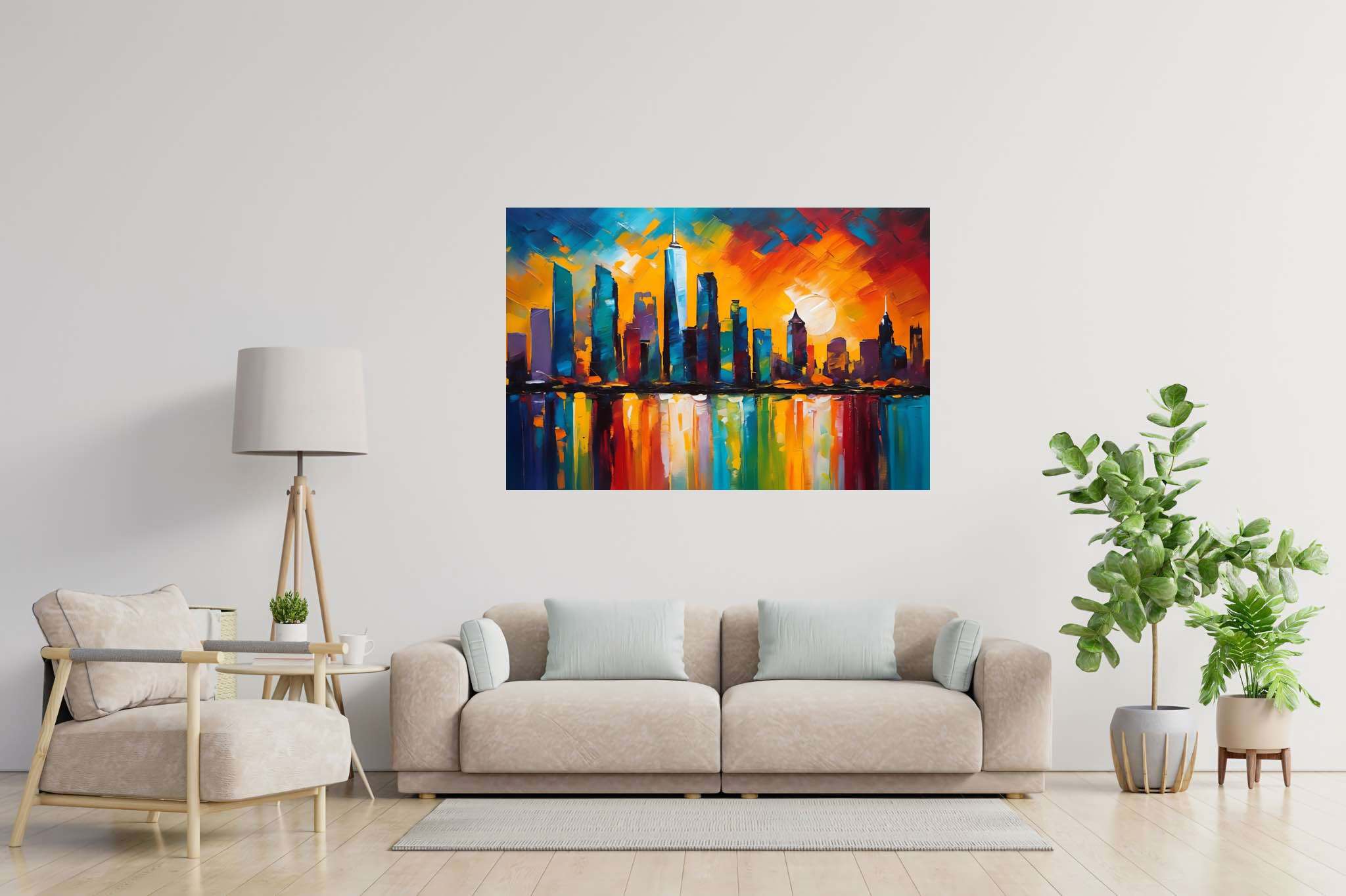 Twilight serenade in chrome: Sunset cityscape art with urban scenery, in a room with elegant layout, fine art prints, and designer furniture. The art can be printed on poster, framed poster, canvas, metal, acrylic or wood, exclusively at WallArtZen. Find this exact print at https://wallartzen.com/waz196