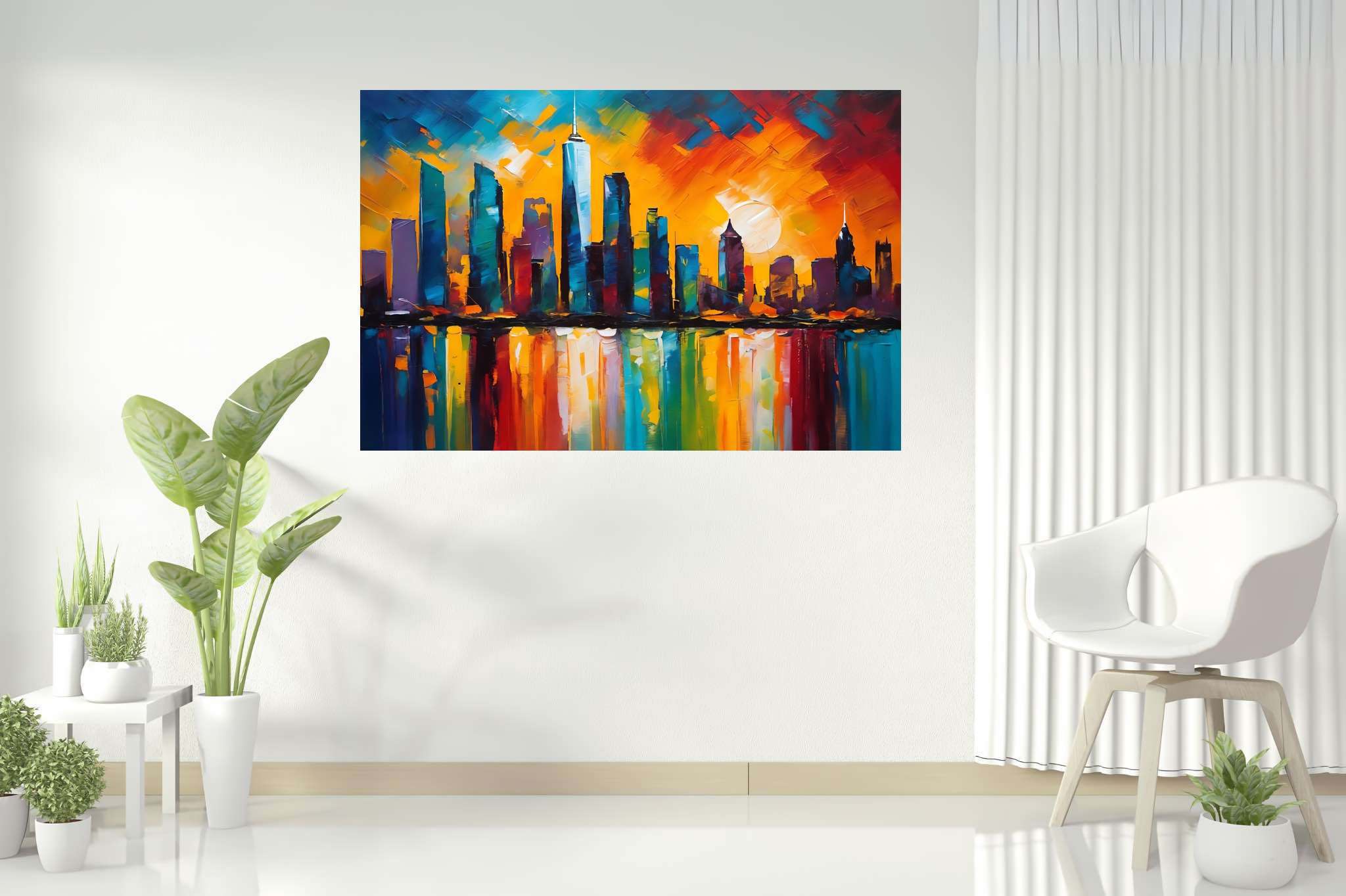 Twilight serenade in chrome: Sunset cityscape art with radiant urban skylines, in a room with urban design, wall art, and trendy home accents. The art can be printed on poster, framed poster, canvas, metal, acrylic or wood, exclusively at WallArtZen. Find this exact print at https://wallartzen.com/waz196