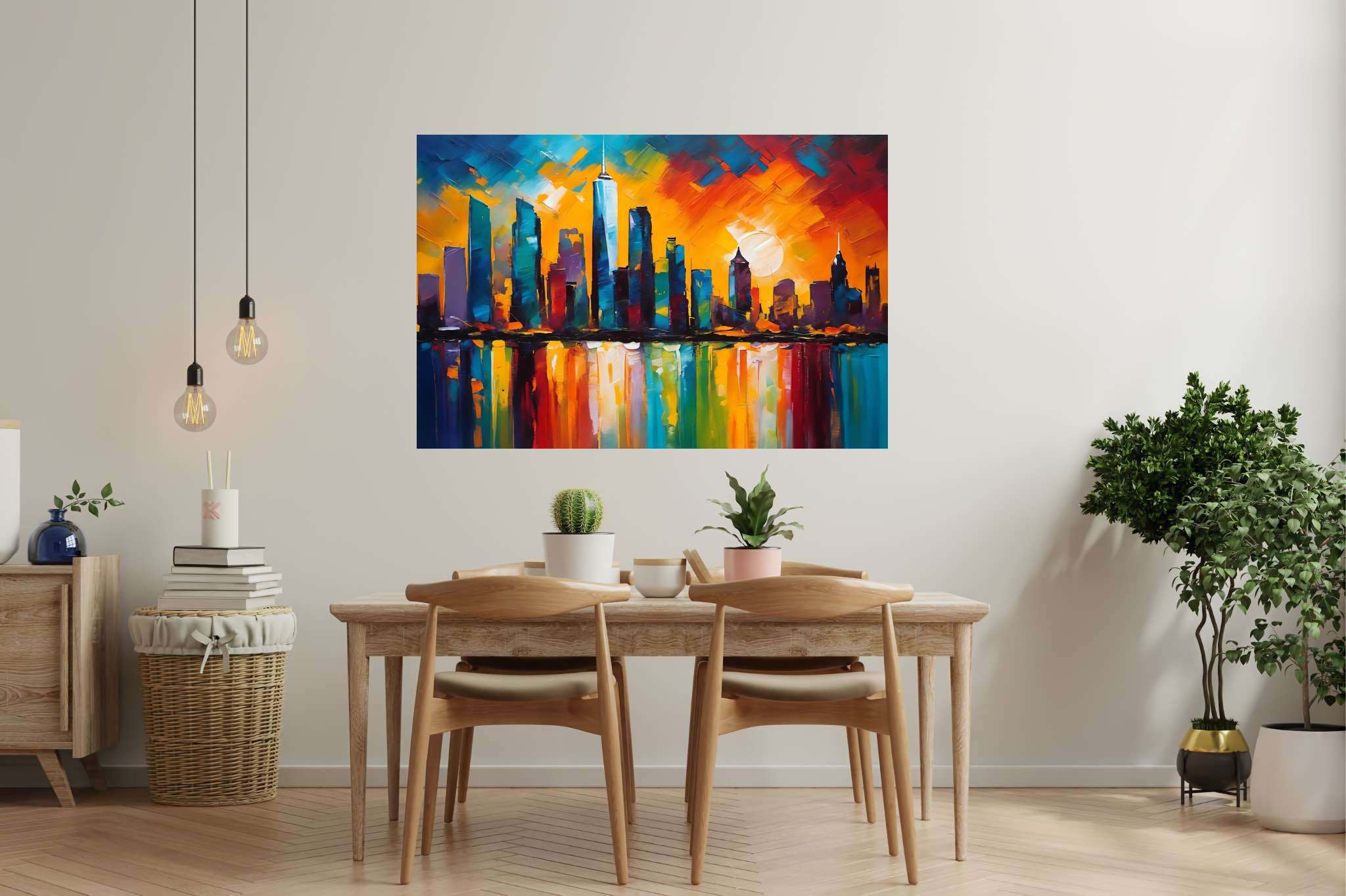 Twilight serenade in chrome: Sunset cityscape art with twilight skyscrapers, in a room with great design, wall hangings, and home furnishings. The art can be printed on poster, framed poster, canvas, metal, acrylic or wood, exclusively at WallArtZen. Find this exact print at https://wallartzen.com/waz196