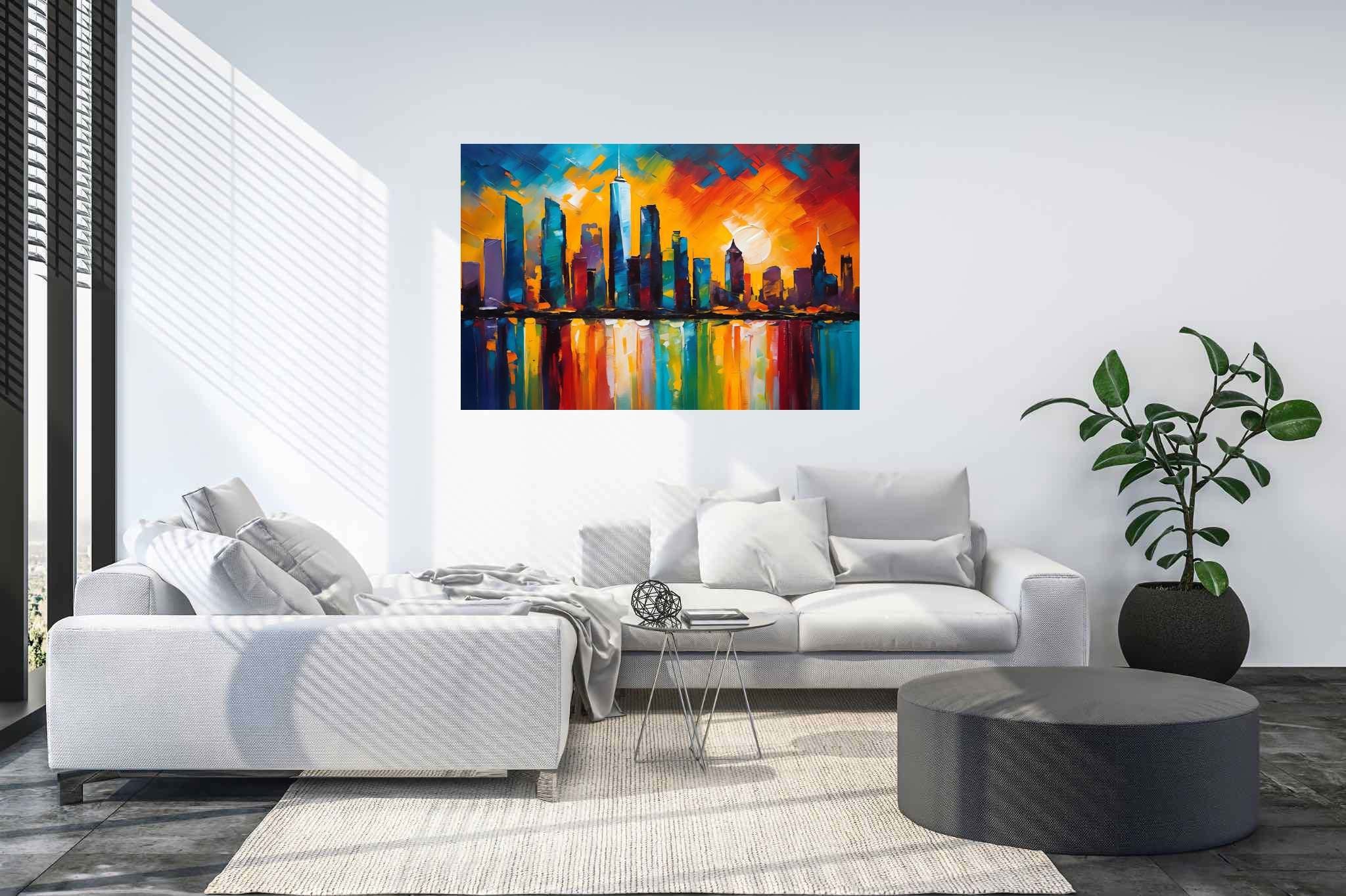 Twilight serenade in chrome: Sunset cityscape art with city skyline painting, in a room with minimalist approach, fine art prints, and home styling items. The art can be printed on poster, framed poster, canvas, metal, acrylic or wood, exclusively at WallArtZen. Find this exact print at https://wallartzen.com/waz196