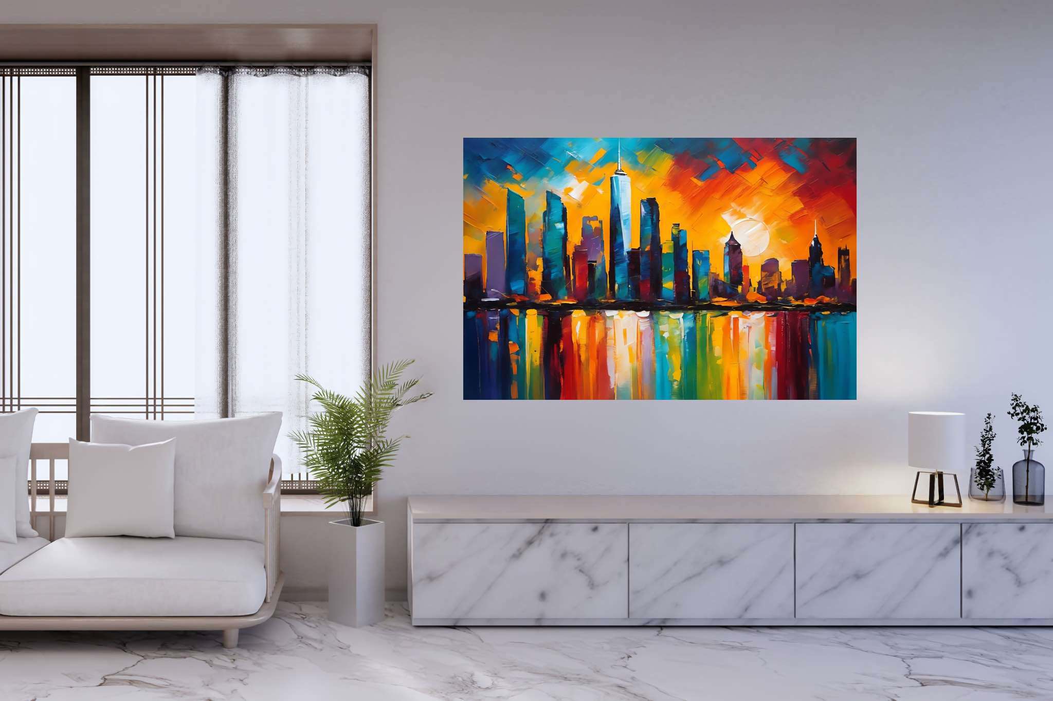 Twilight serenade in chrome: Sunset cityscape art with metropolitan artwork, in a room with innovative layout, photographic wall art, and stylish accessories. The art can be printed on poster, framed poster, canvas, metal, acrylic or wood, exclusively at WallArtZen. Find this exact print at https://wallartzen.com/waz196