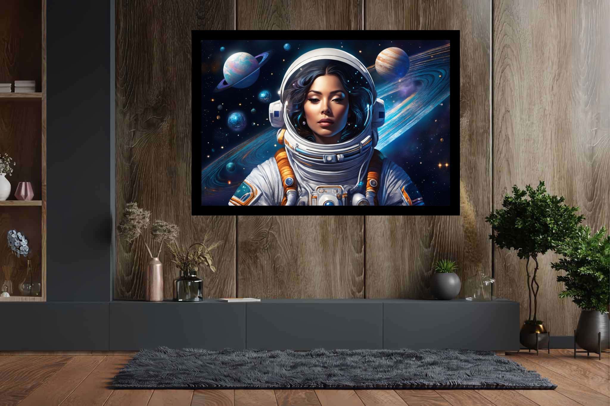 Orbiting opal dreams: Surreal astronaut art with space exploration, in a room with urban design, photographic wall art, and artisan decor. The art can be printed on poster, framed poster, canvas, metal, acrylic or wood, exclusively at WallArtZen. Find this exact print at https://wallartzen.com/waz197