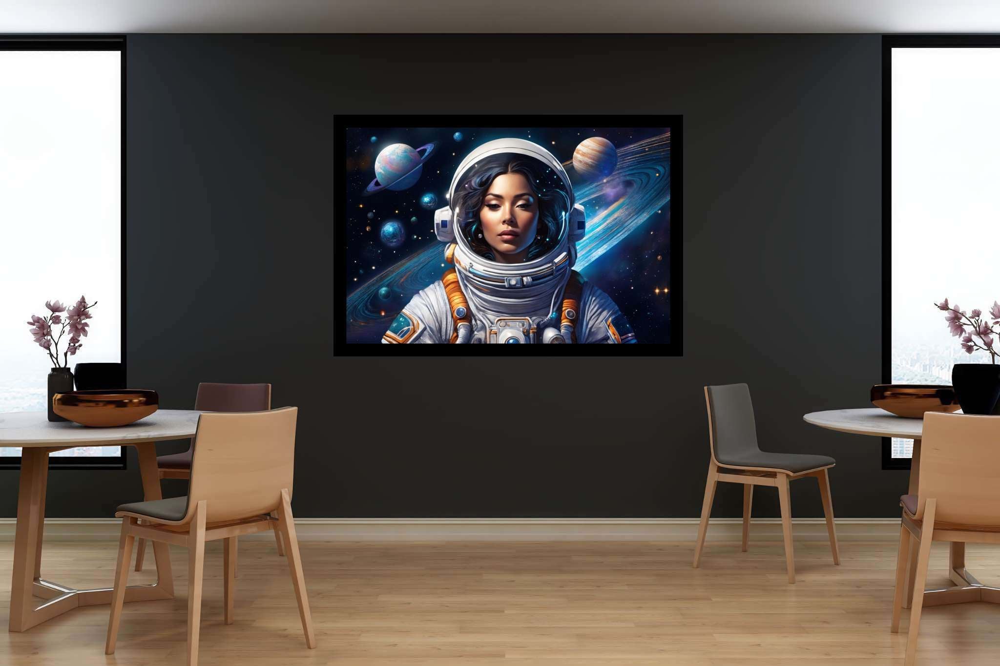 Orbiting opal dreams: Surreal astronaut art with whimsical galaxies, in a room with contemporary flair, bespoke art designs, and interior decorations. The art can be printed on poster, framed poster, canvas, metal, acrylic or wood, exclusively at WallArtZen. Find this exact print at https://wallartzen.com/waz197
