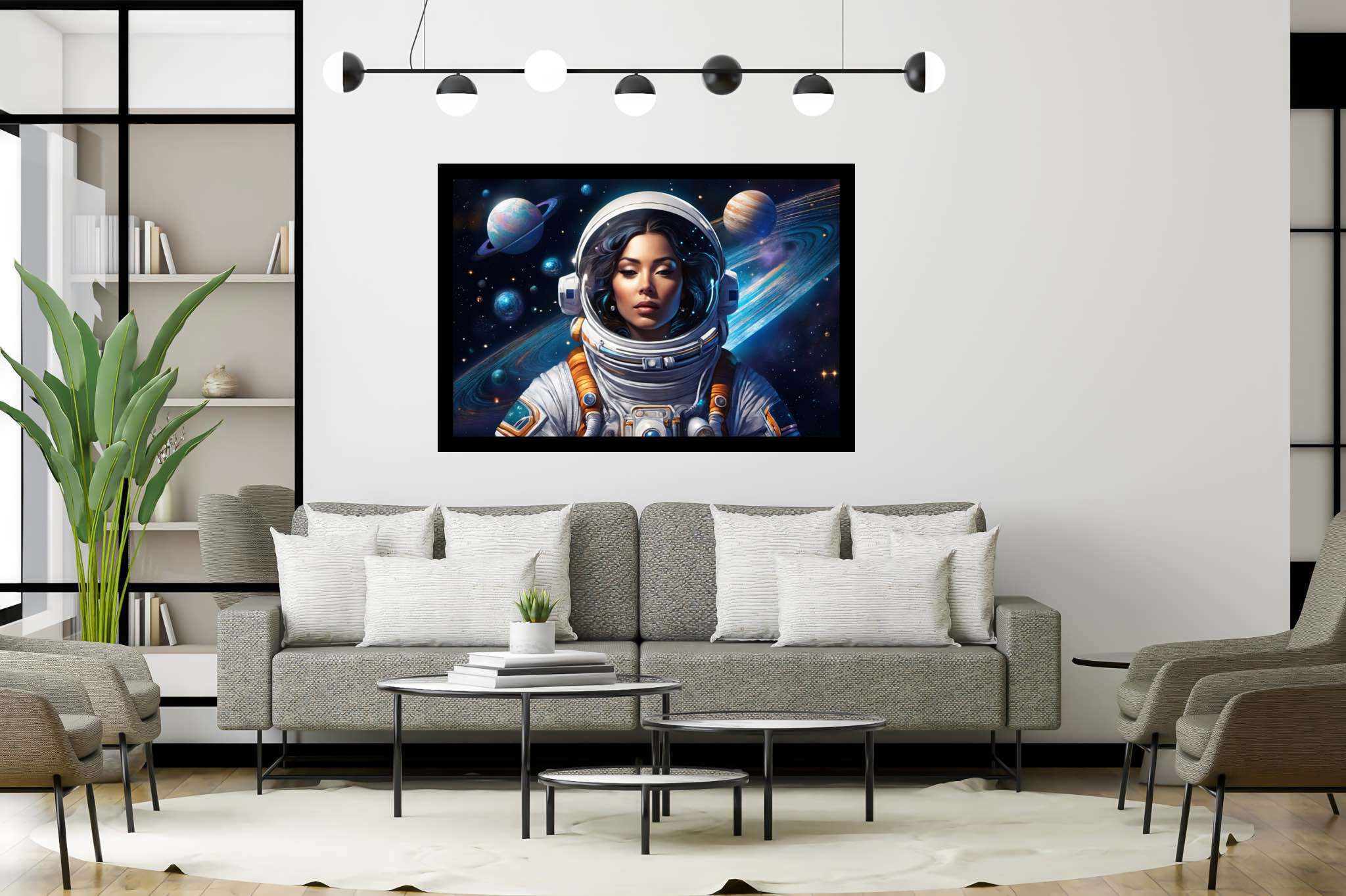 Orbiting opal dreams: Surreal astronaut art with surrealistic astral scenes, in a room with contemporary flair, framed art, and artisan decor. The art can be printed on poster, framed poster, canvas, metal, acrylic or wood, exclusively at WallArtZen. Find this exact print at https://wallartzen.com/waz197