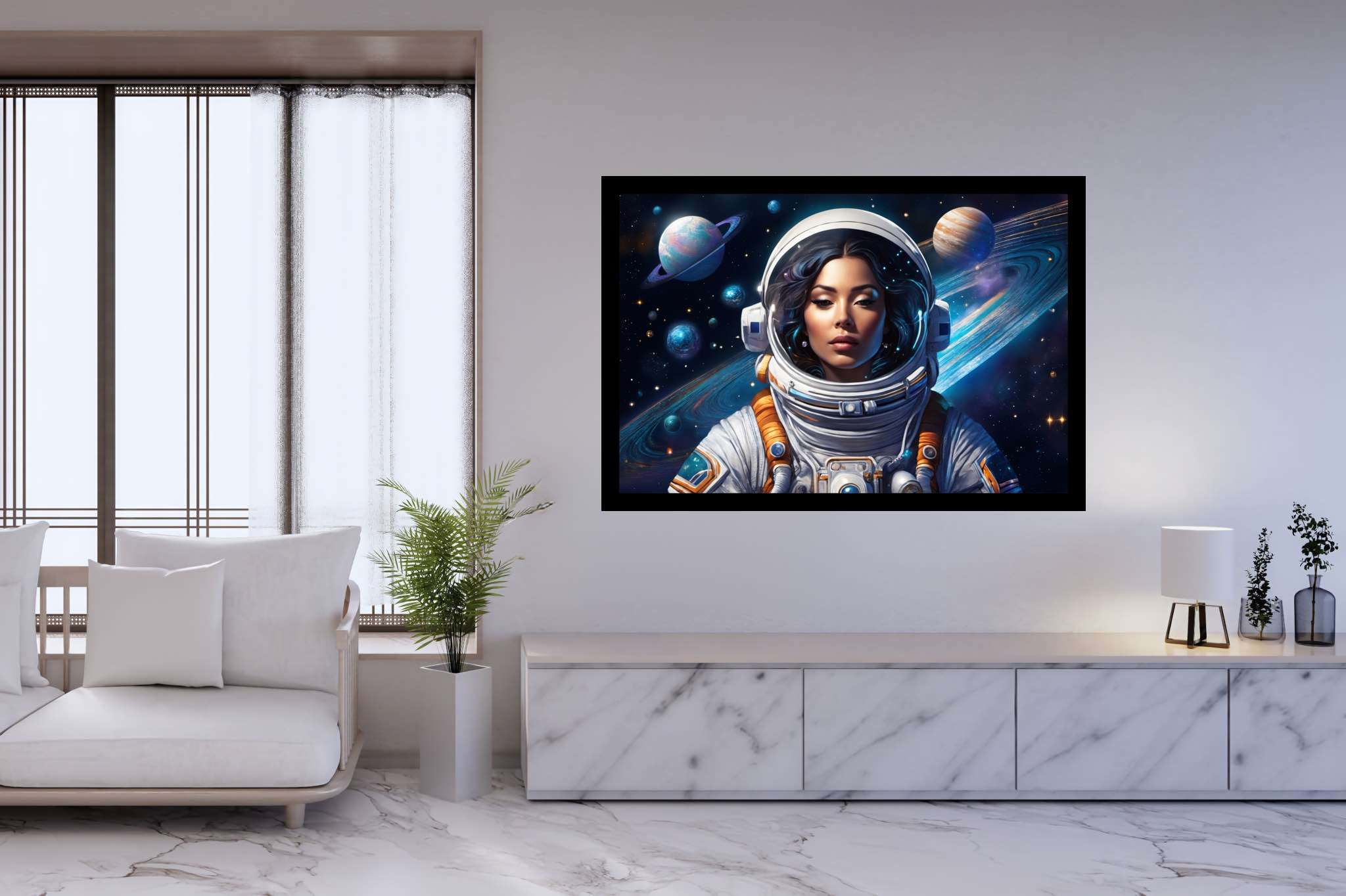 Orbiting opal dreams: Surreal astronaut art with surrealistic astral scenes, in a room with artistic style, abstract paintings, and luxe decor. The art can be printed on poster, framed poster, canvas, metal, acrylic or wood, exclusively at WallArtZen. Find this exact print at https://wallartzen.com/waz197
