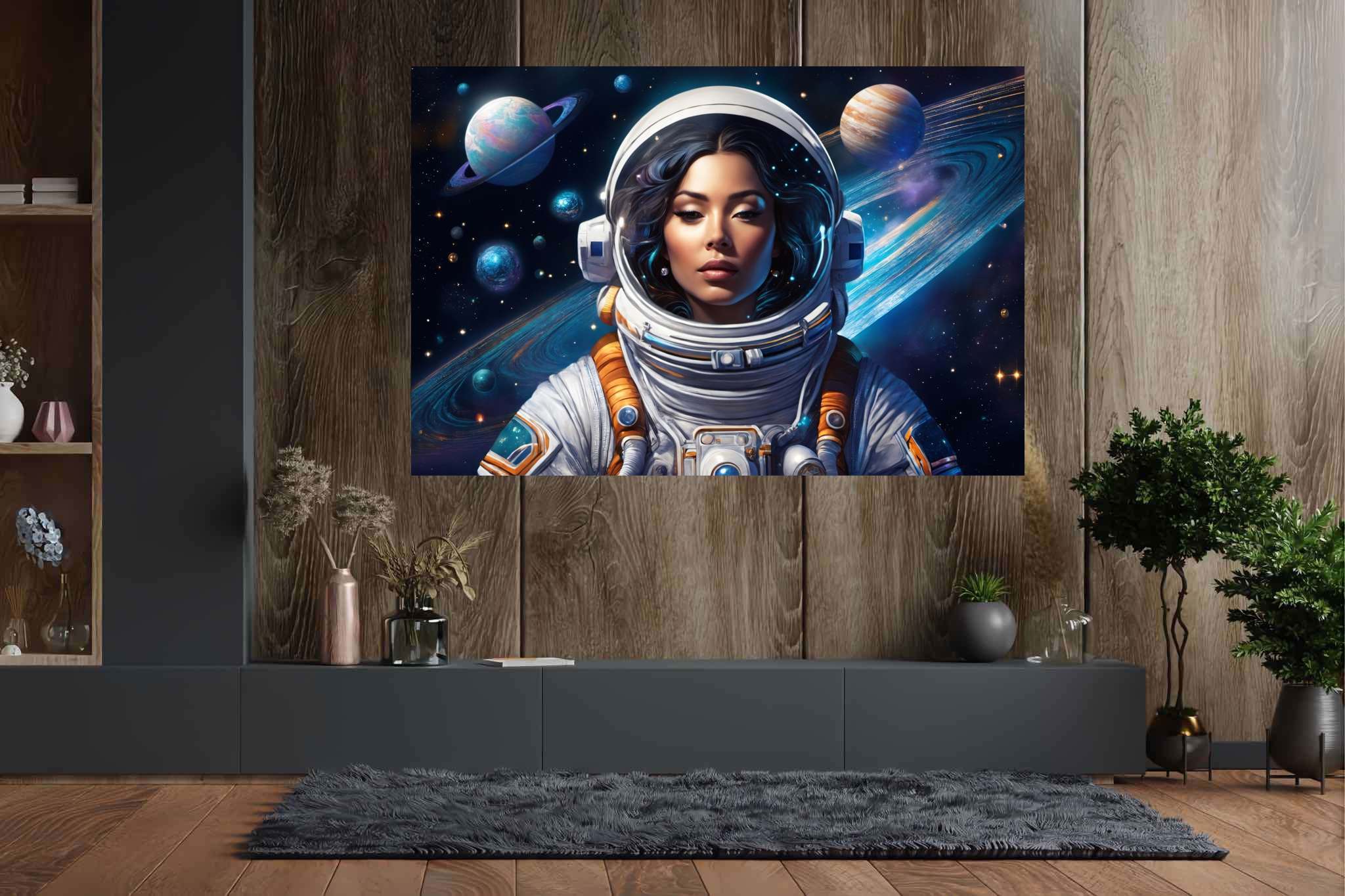 Orbiting opal dreams: Surreal astronaut art with surreal astronaut art, in a room with modern style, framed art, and artisan decor. The art can be printed on poster, framed poster, canvas, metal, acrylic or wood, exclusively at WallArtZen. Find this exact print at https://wallartzen.com/waz197