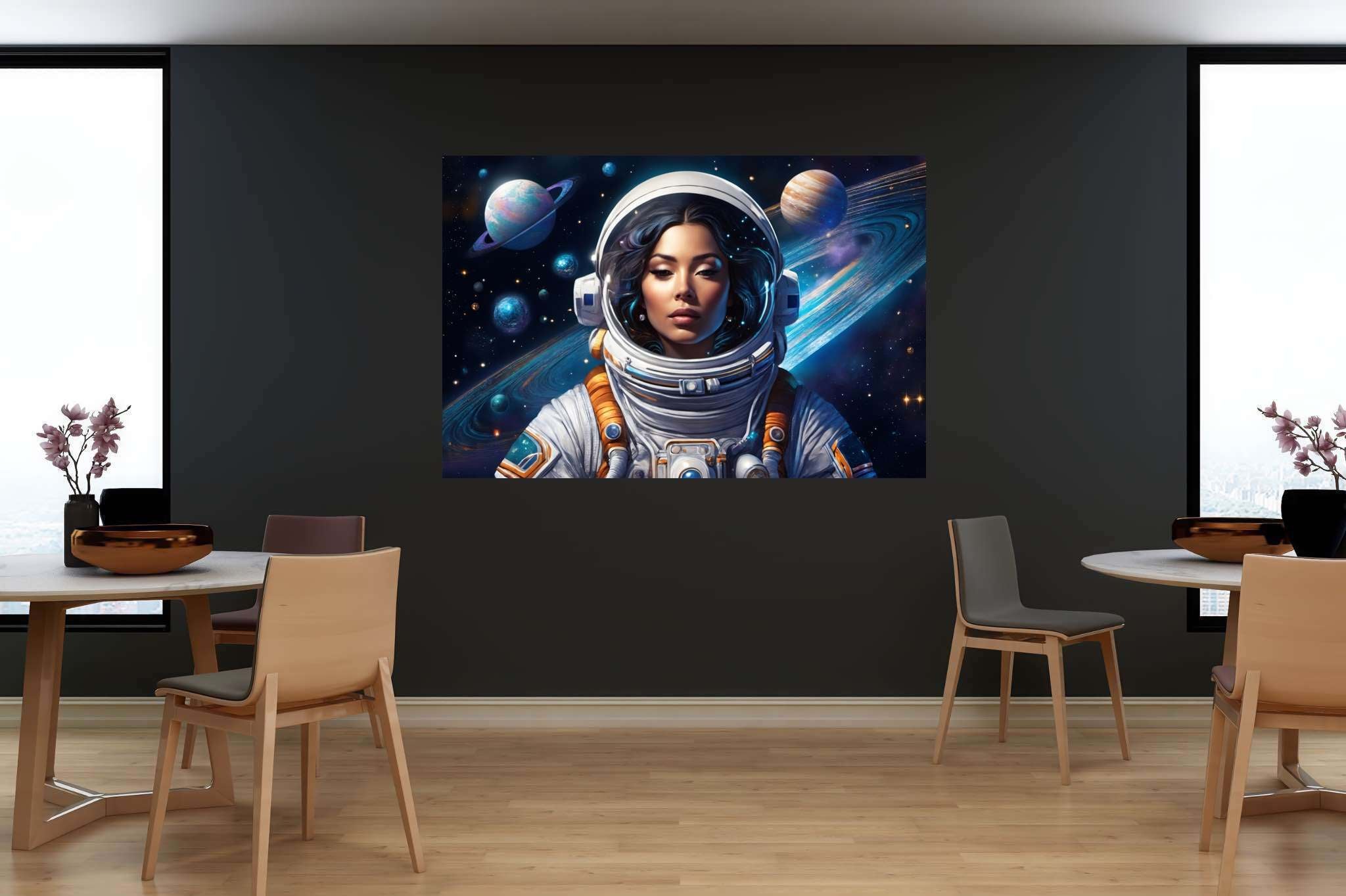 Orbiting opal dreams: Surreal astronaut art with interstellar fantasy, in a room with classic elegance, bespoke art designs, and luxe decor. The art can be printed on poster, framed poster, canvas, metal, acrylic or wood, exclusively at WallArtZen. Find this exact print at https://wallartzen.com/waz197