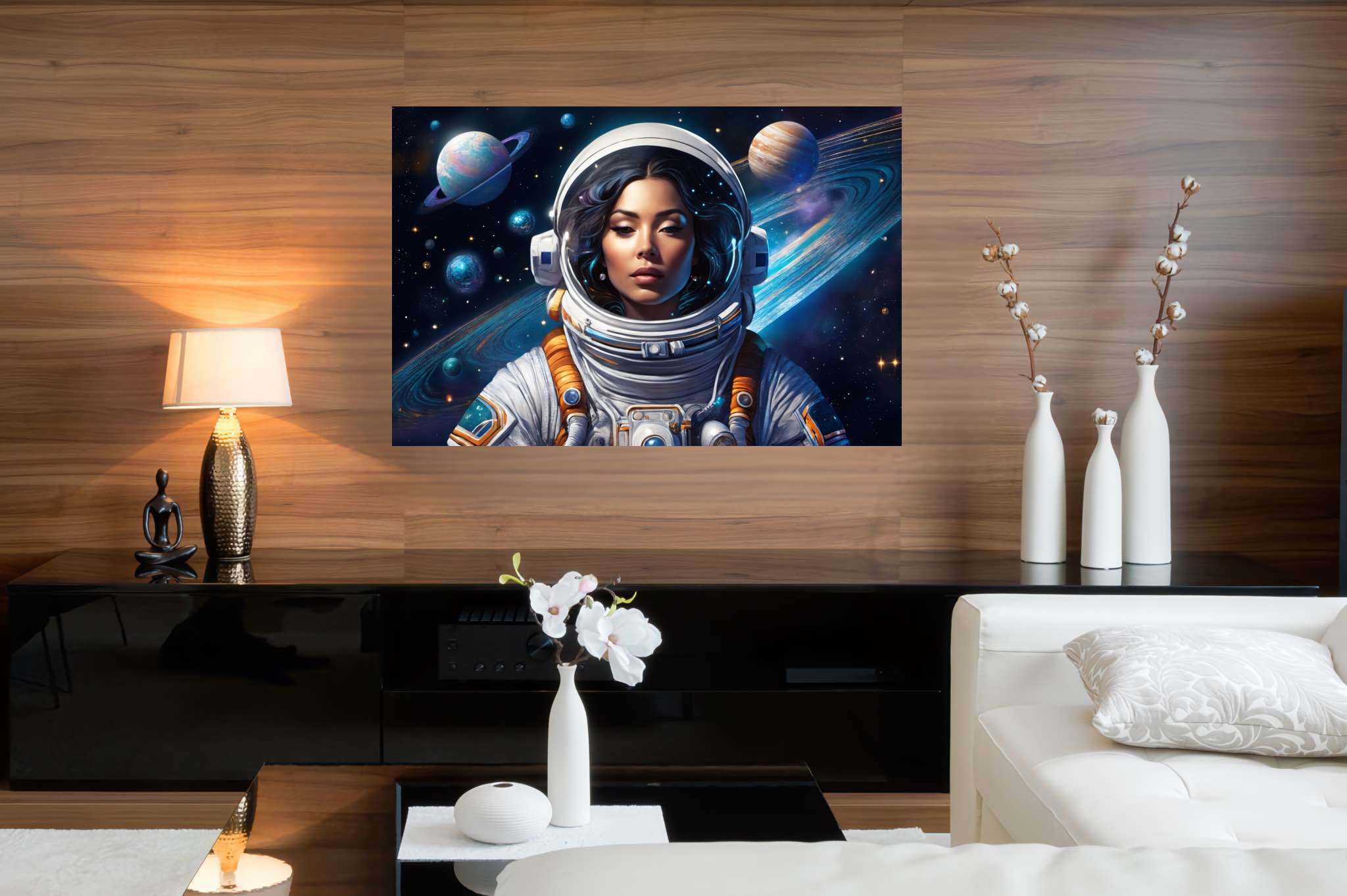 Orbiting opal dreams: Surreal astronaut art with otherworldly adventure, in a room with artistic style, gallery-quality artwork, and elegant home goods. The art can be printed on poster, framed poster, canvas, metal, acrylic or wood, exclusively at WallArtZen. Find this exact print at https://wallartzen.com/waz197