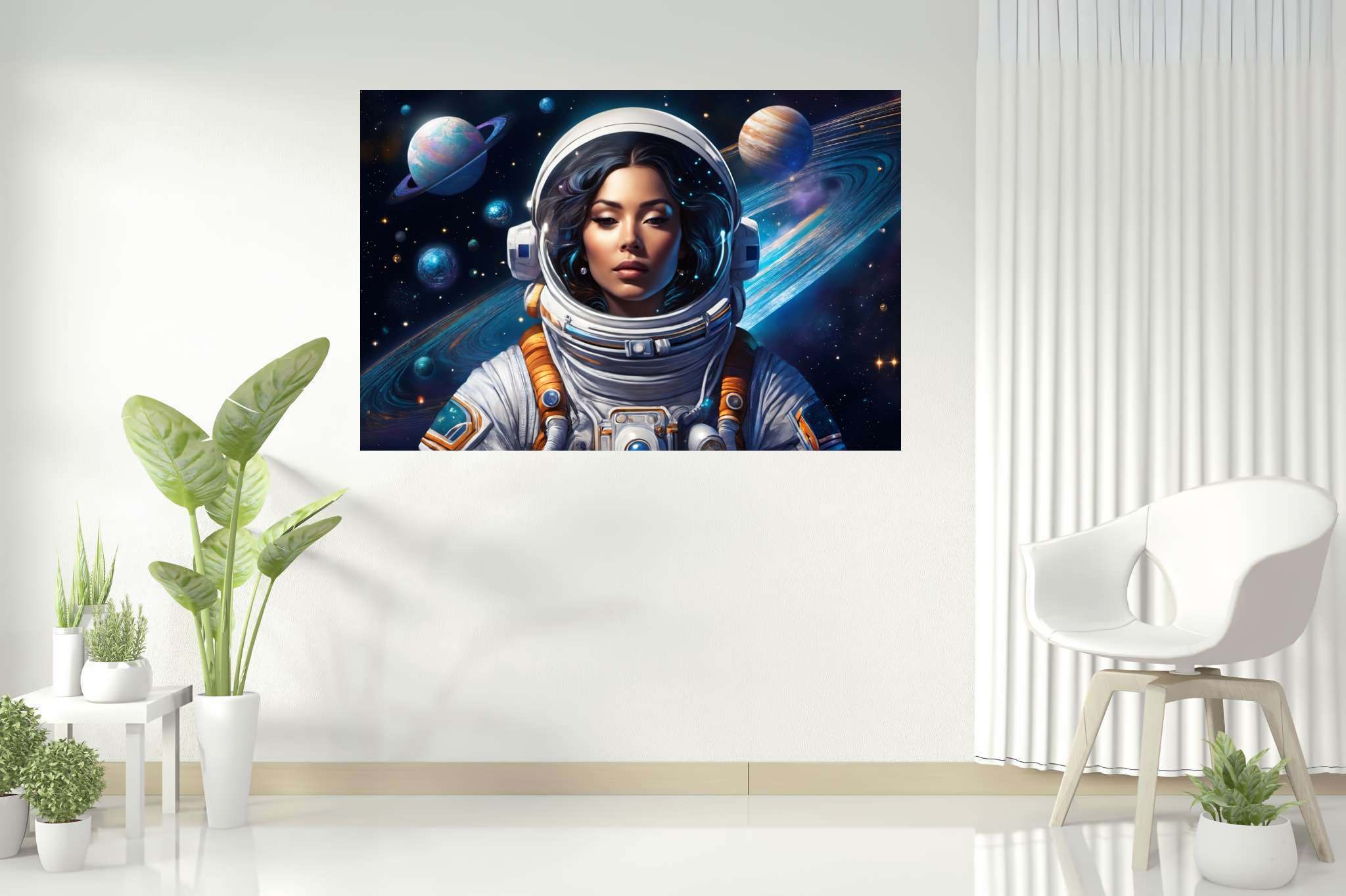 Orbiting opal dreams: Surreal astronaut art with space exploration, in a room with urban design, digital art pieces, and elegant home goods. The art can be printed on poster, framed poster, canvas, metal, acrylic or wood, exclusively at WallArtZen. Find this exact print at https://wallartzen.com/waz197