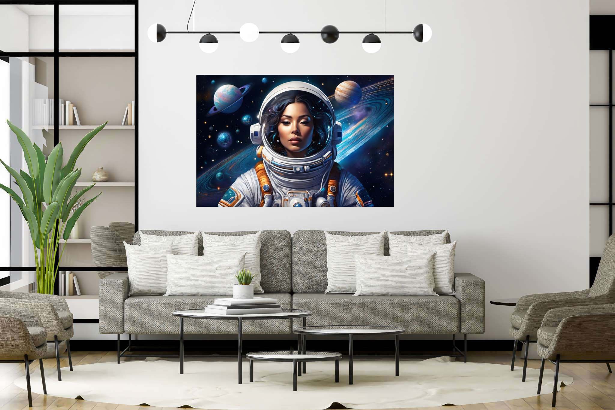 Orbiting opal dreams: Surreal astronaut art with surreal astronaut art, in a room with great design, bespoke art designs, and trendy home accents. The art can be printed on poster, framed poster, canvas, metal, acrylic or wood, exclusively at WallArtZen. Find this exact print at https://wallartzen.com/waz197
