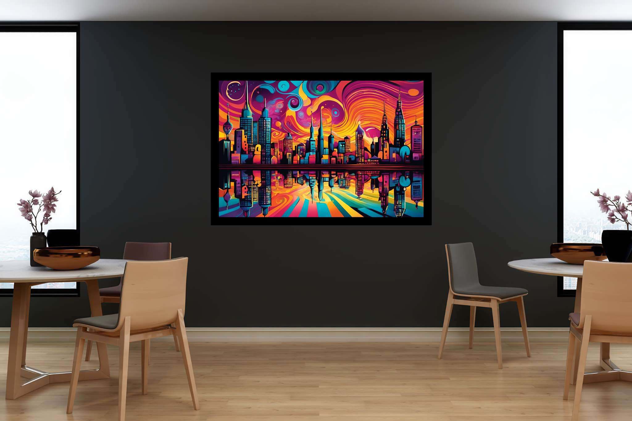 Dusk's chromatic ballet: Sunset cityscape art with cityscape paintings, in a room with great design, framed art, and interior decorations. The art can be printed on poster, framed poster, canvas, metal, acrylic or wood, exclusively at WallArtZen. Find this exact print at https://wallartzen.com/waz198