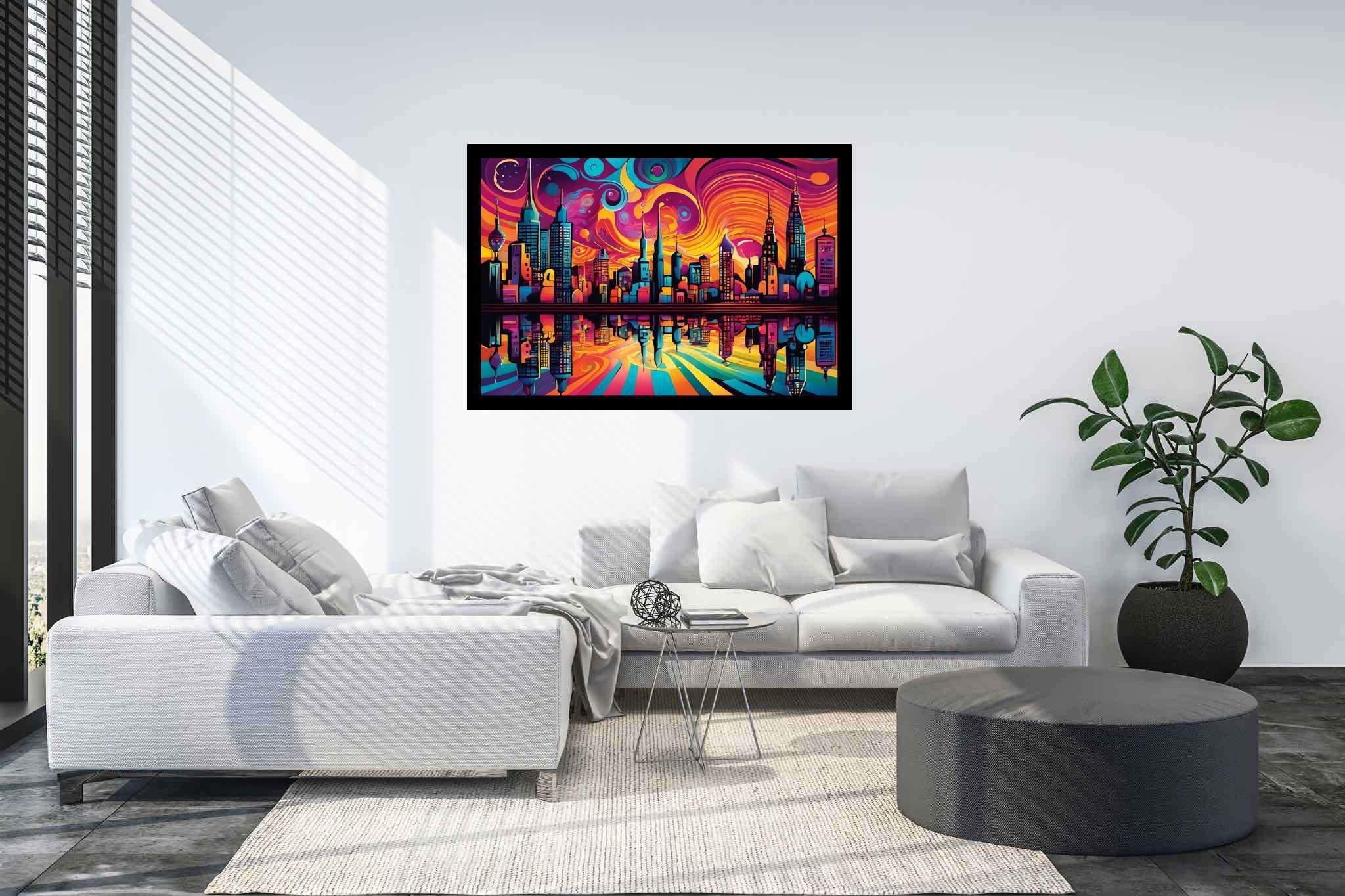 Dusk's chromatic ballet: Sunset cityscape art with urban sunset, in a room with artistic style, digital art pieces, and artisan decor. The art can be printed on poster, framed poster, canvas, metal, acrylic or wood, exclusively at WallArtZen. Find this exact print at https://wallartzen.com/waz198