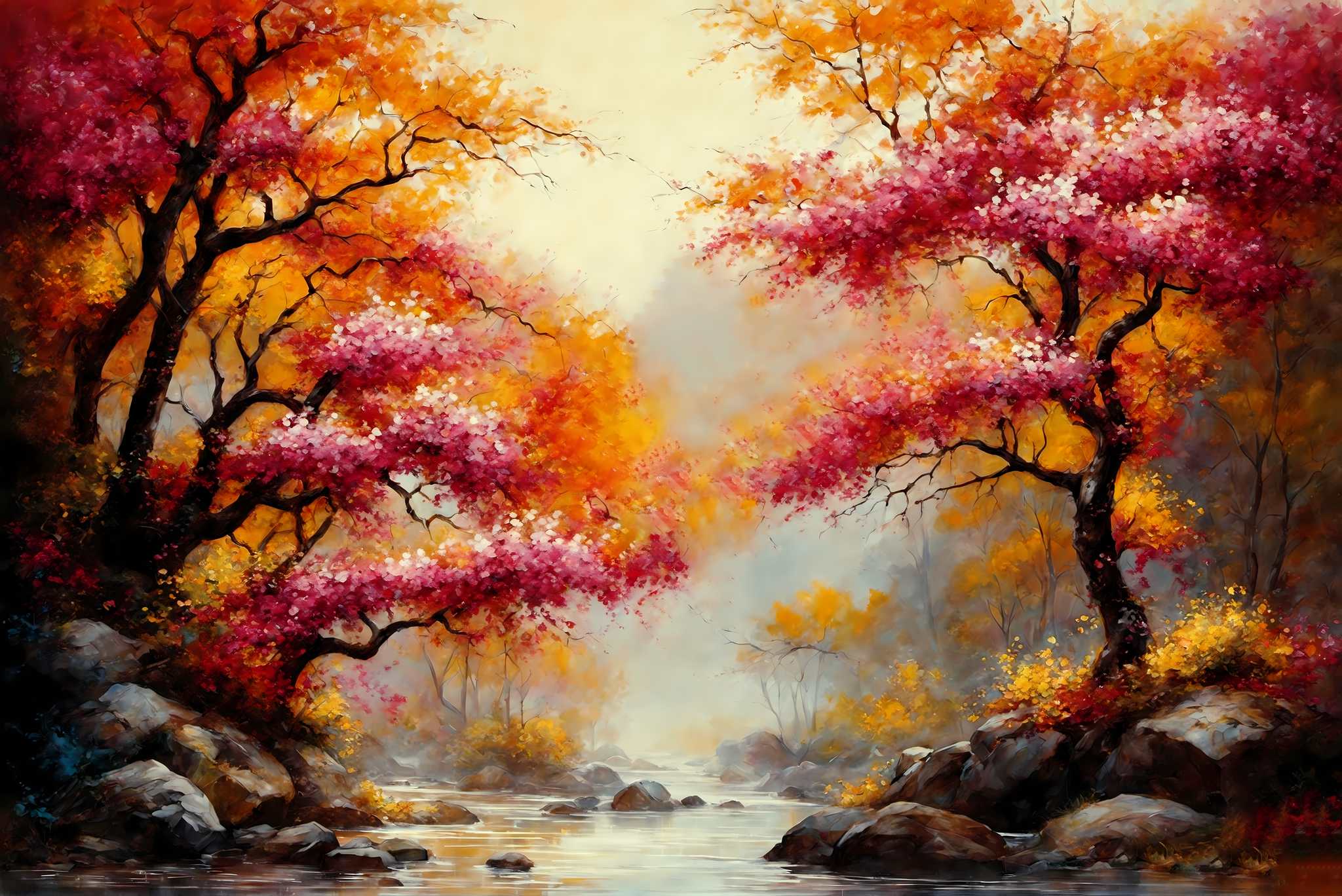 Autumn reverie passage: Autumn landscape art with colorful seasonal art, in a room with modern style, mural artworks, and luxe decor. The art can be printed on poster, framed poster, canvas, metal, acrylic or wood, exclusively at WallArtZen. Find this exact print at https://wallartzen.com/waz1