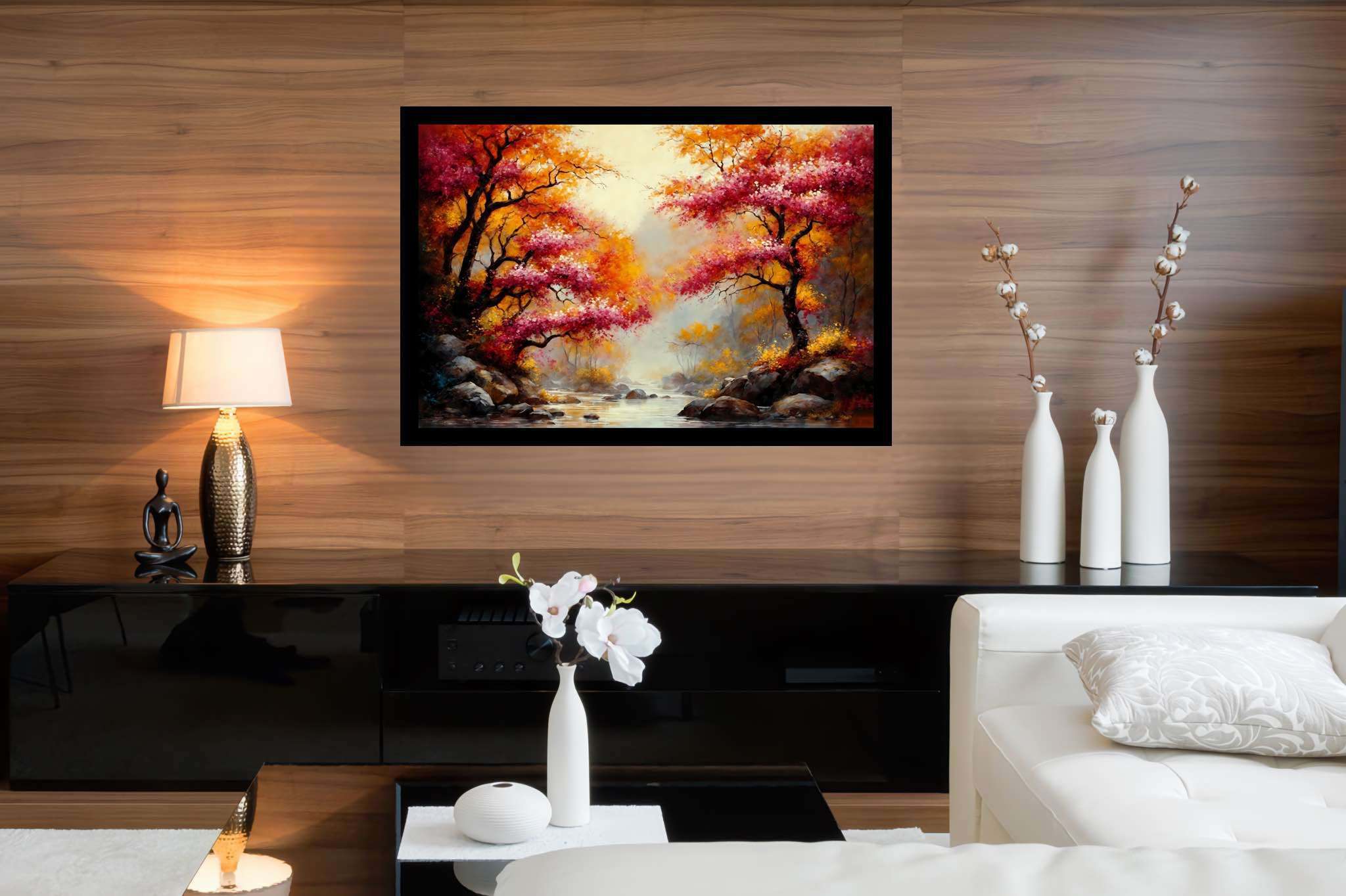 Autumn reverie passage: Autumn landscape art with autumn landscape art, in a room with minimalist approach, canvas prints, and elegant home goods. The art can be printed on poster, framed poster, canvas, metal, acrylic or wood, exclusively at WallArtZen. Find this exact print at https://wallartzen.com/waz1