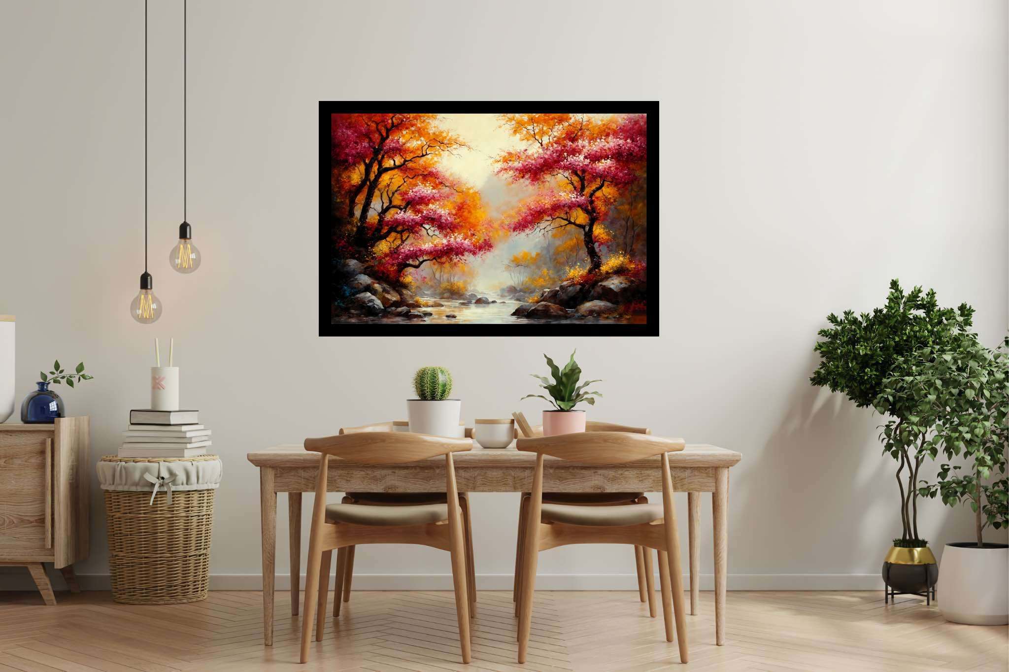 Autumn reverie passage: Autumn landscape art with abstract autumn landscapes, in a room with minimalist approach, bespoke art designs, and trendy home accents. The art can be printed on poster, framed poster, canvas, metal, acrylic or wood, exclusively at WallArtZen. Find this exact print at https://wallartzen.com/waz1