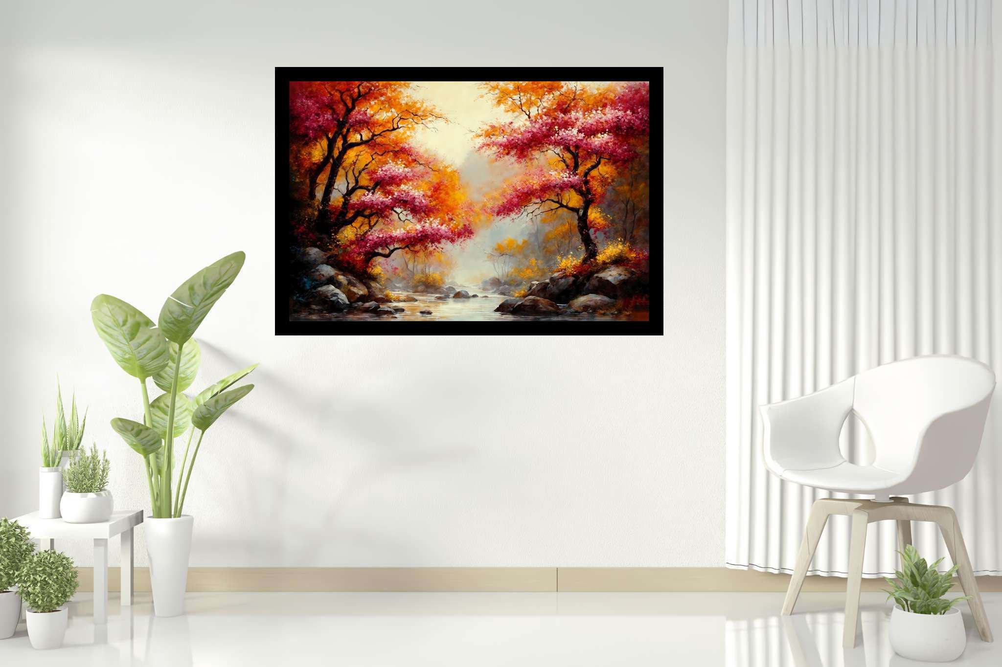 Autumn reverie passage: Autumn landscape art with peaceful fall scenery, in a room with urban design, canvas prints, and home styling items. The art can be printed on poster, framed poster, canvas, metal, acrylic or wood, exclusively at WallArtZen. Find this exact print at https://wallartzen.com/waz1