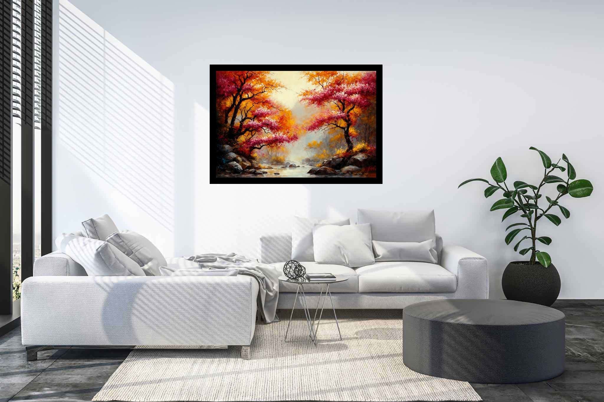 Autumn reverie passage: Autumn landscape art with abstract autumn landscapes, in a room with minimalist approach, photographic wall art, and decorative pieces. The art can be printed on poster, framed poster, canvas, metal, acrylic or wood, exclusively at WallArtZen. Find this exact print at https://wallartzen.com/waz1