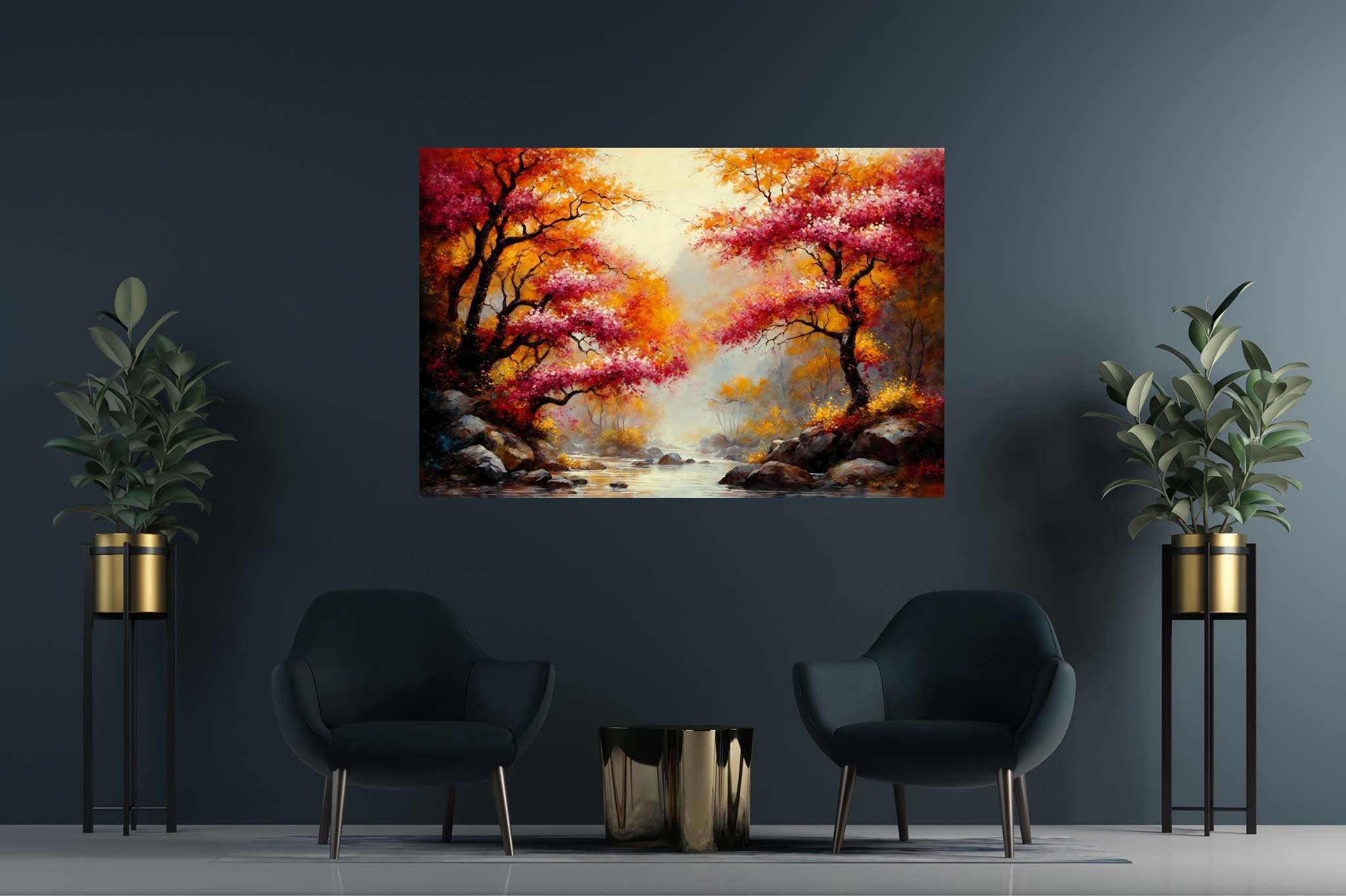 Autumn reverie passage: Autumn landscape art with vibrant autumn landscapes, in a room with contemporary flair, wall hangings, and home furnishings. The art can be printed on poster, framed poster, canvas, metal, acrylic or wood, exclusively at WallArtZen. Find this exact print at https://wallartzen.com/waz1